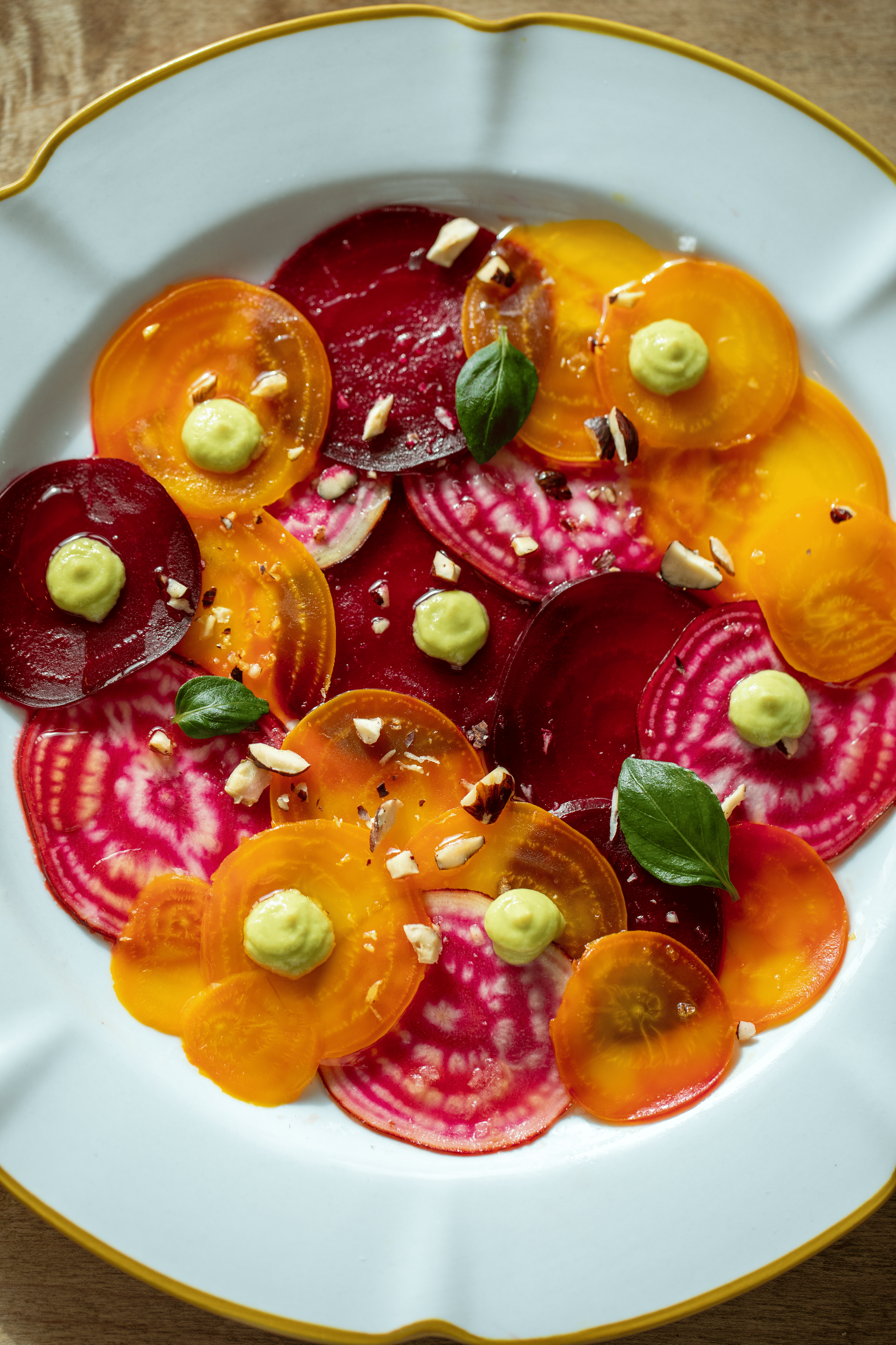 Beet Carpaccio with Avocado Purée &amp; Roasted Hazelnuts (Easy &amp; Elegant Appetizer)