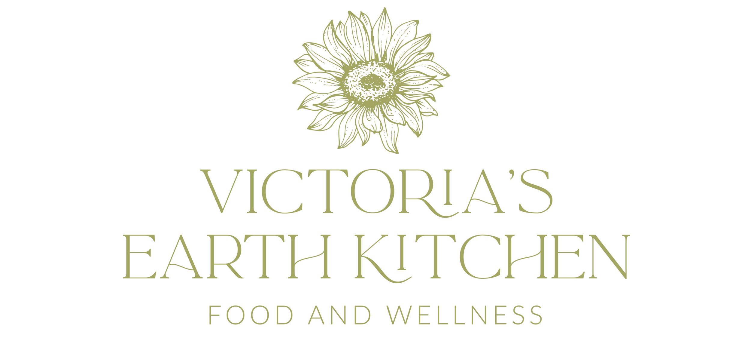 Logo for Victoria's Earth Kitchen featuring a sunflower illustration and text 'Victoria's Earth Kitchen Food and Wellness' in green.