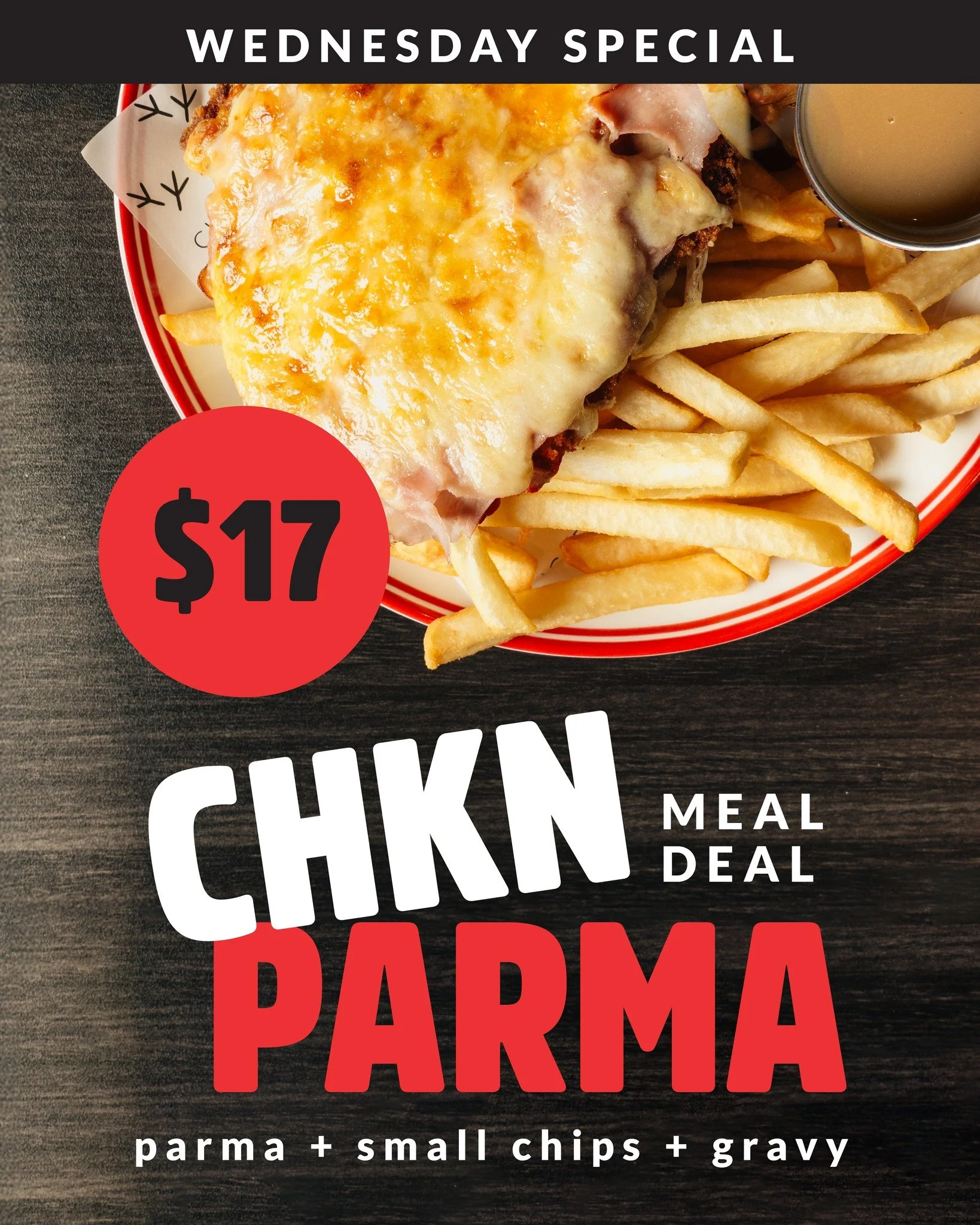 Name a better $17 flex. We&rsquo;ll wait.
🍗 Parma + Chips + Gravy. All day Wednesday.
📍 In-store only
⏰ 11am &ndash; 8pm
🐓 Chicken Lads, Hampton
#ChickenLads #ParmaGoals #MelbourneFoodies #HumpDayEats #CheapEatsMelbourne #FoodiesOfMelbourne #EatLo