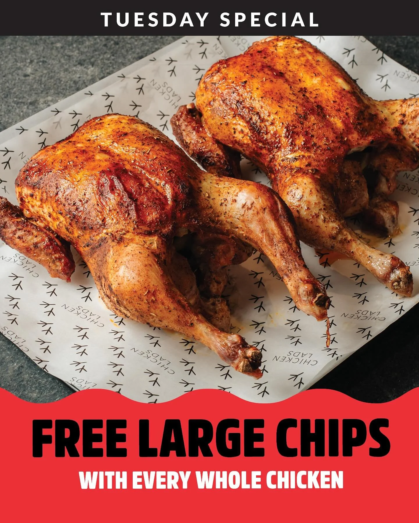 Whole Bird &amp; Chips
Choose your flavour &ndash; Classic, Greek, or Peri-Peri &ndash; just $23.90 and we&rsquo;ll throw in a large chips on the house.

📍 In-store only
🕚 11am &ndash; 8pm

#ChickenLads #RotisserieChicken #PeriPeriChicken #GreekChi