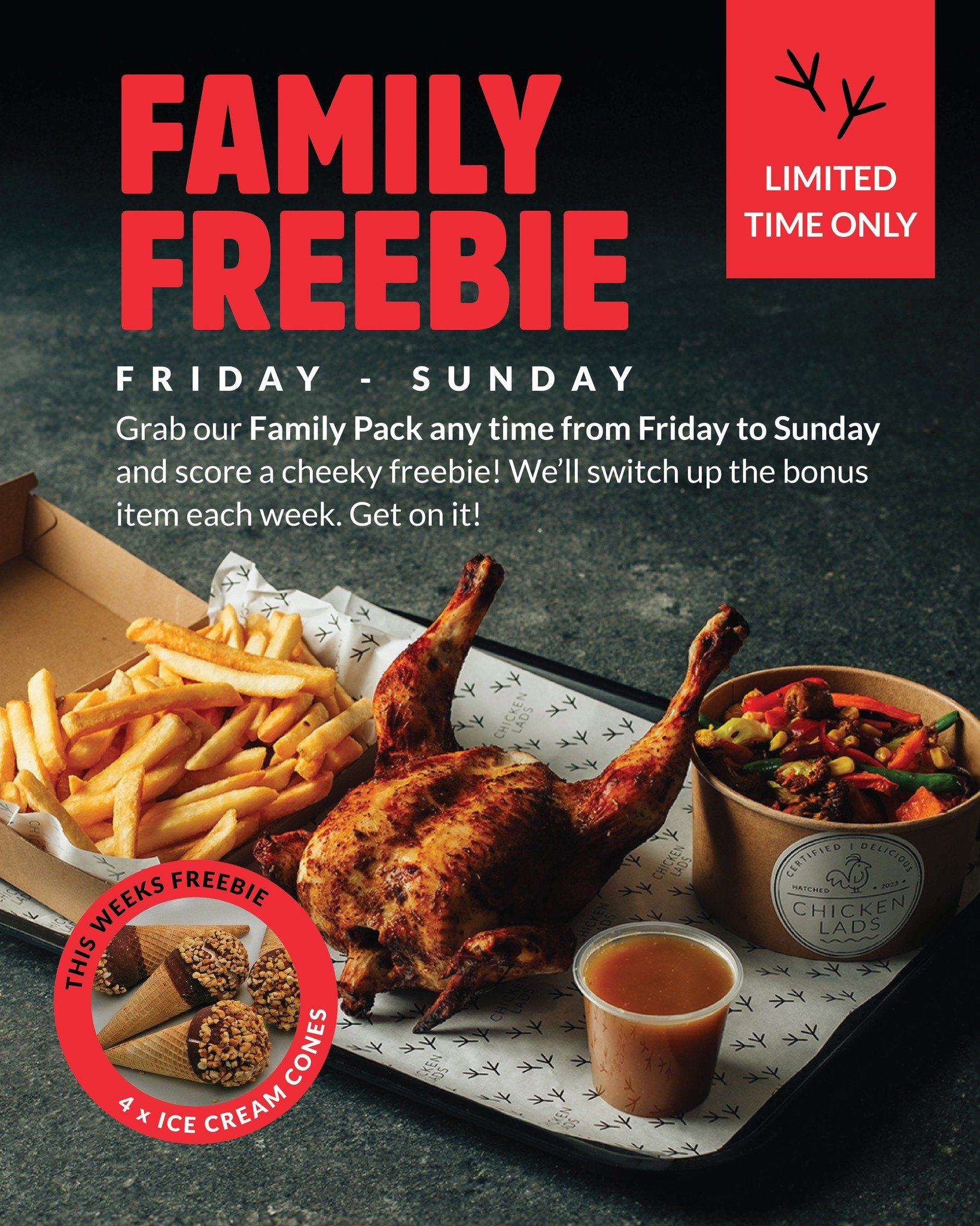 We&rsquo;re not saying your weekend needs Cornettos&hellip;
But your weekend needs Cornettos 🍦😎
Buy a Family Pack this Fri&ndash;Sun and score 4 FREE Cornetto Ice Creams.
Free dessert tastes better. That&rsquo;s just science.

#ChickenLads #FreeCor