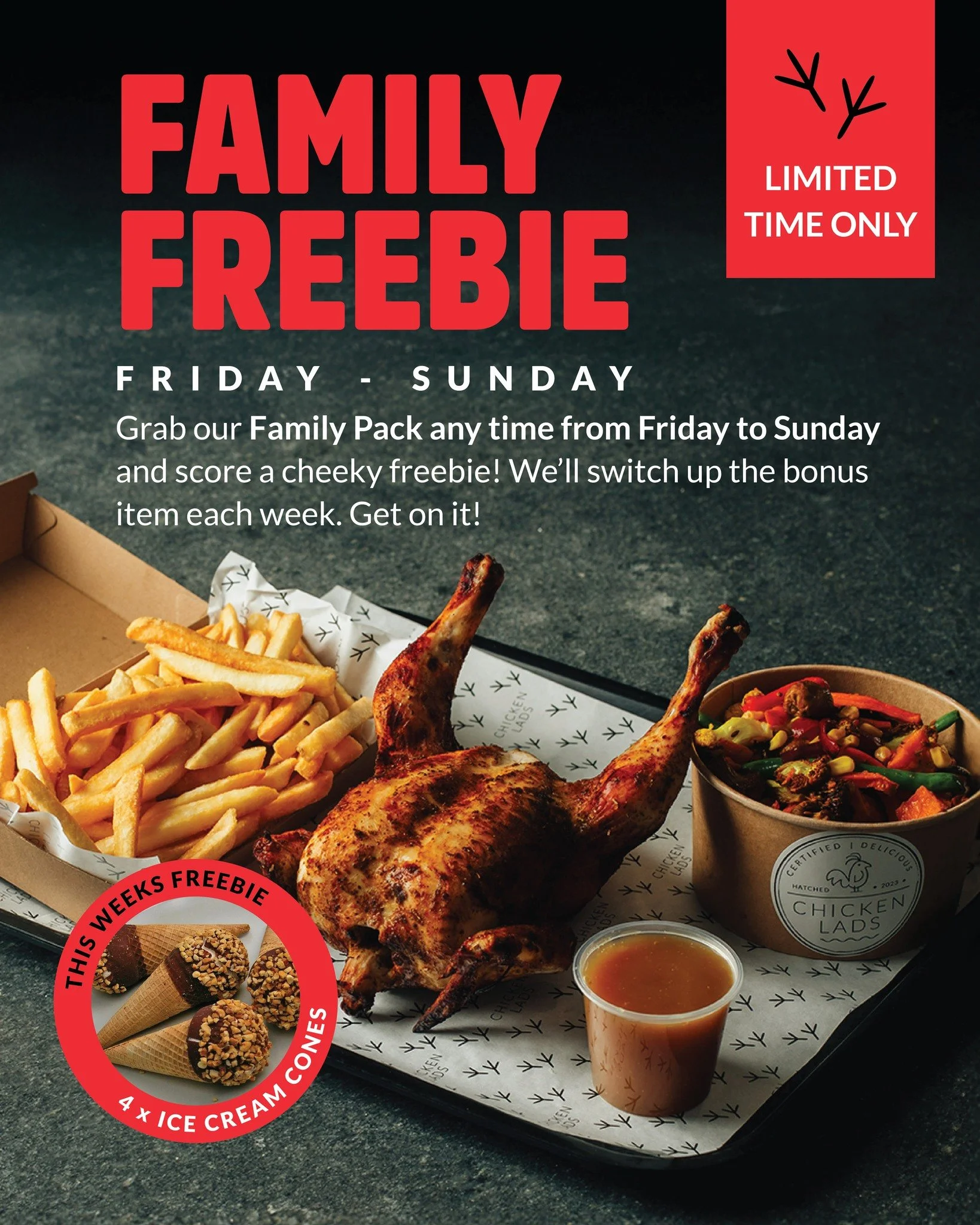 We&rsquo;re not saying your weekend needs Cornettos&hellip;
But your weekend needs Cornettos 🍦😎
Buy a Family Pack this Fri&ndash;Sun and score 4 FREE Cornetto Ice Creams.
Free dessert tastes better. That&rsquo;s just science.

#ChickenLads #FreeCor