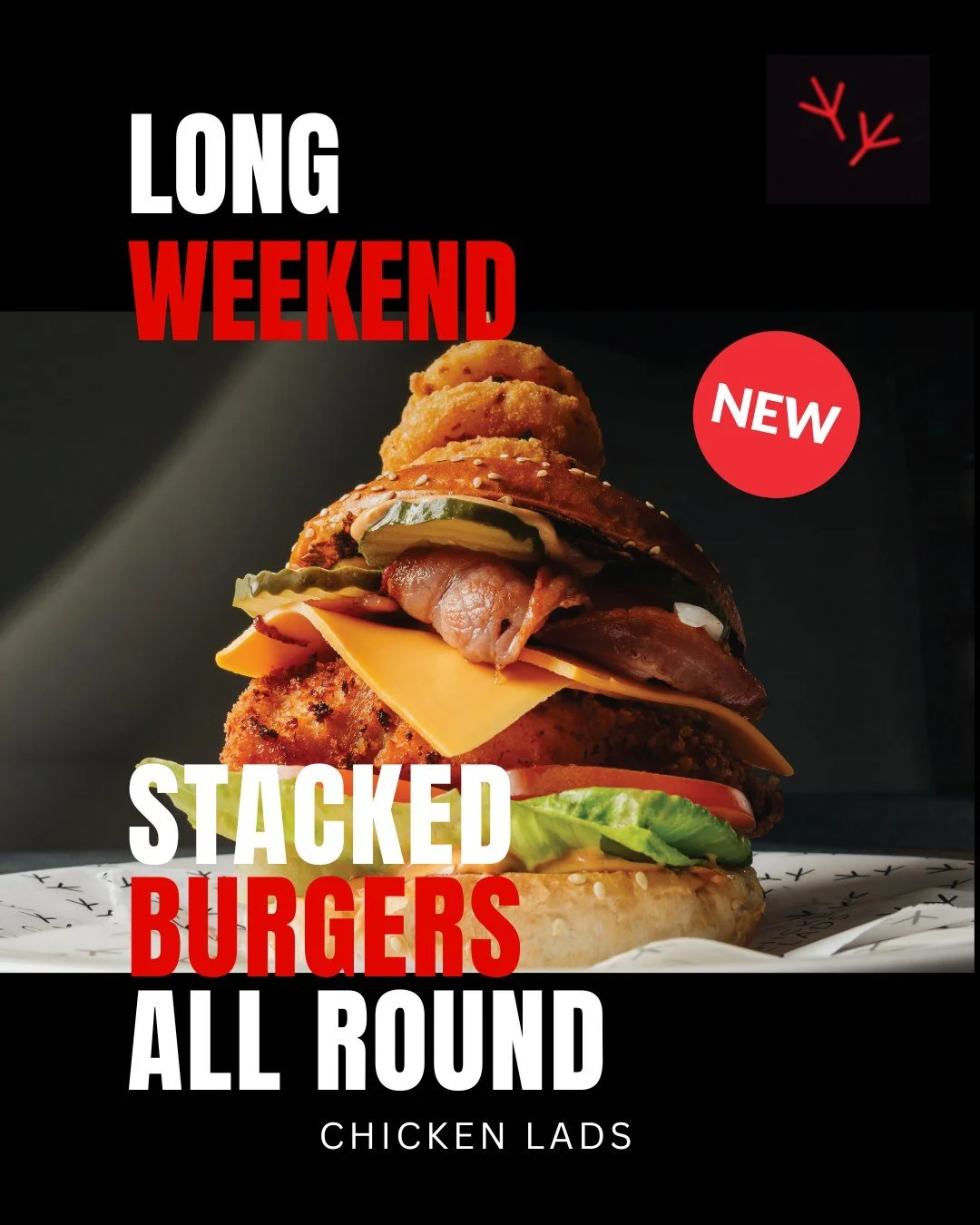 Long weekend energy means no plans, no alarms and no one wanting to cook.
Stacked burgers all round &mdash; easy to share, hard to beat, and exactly what the weekend&rsquo;s for.

#chickenlads
#longweekend
#stackedburgers
#melbournefood
#comfortfood
