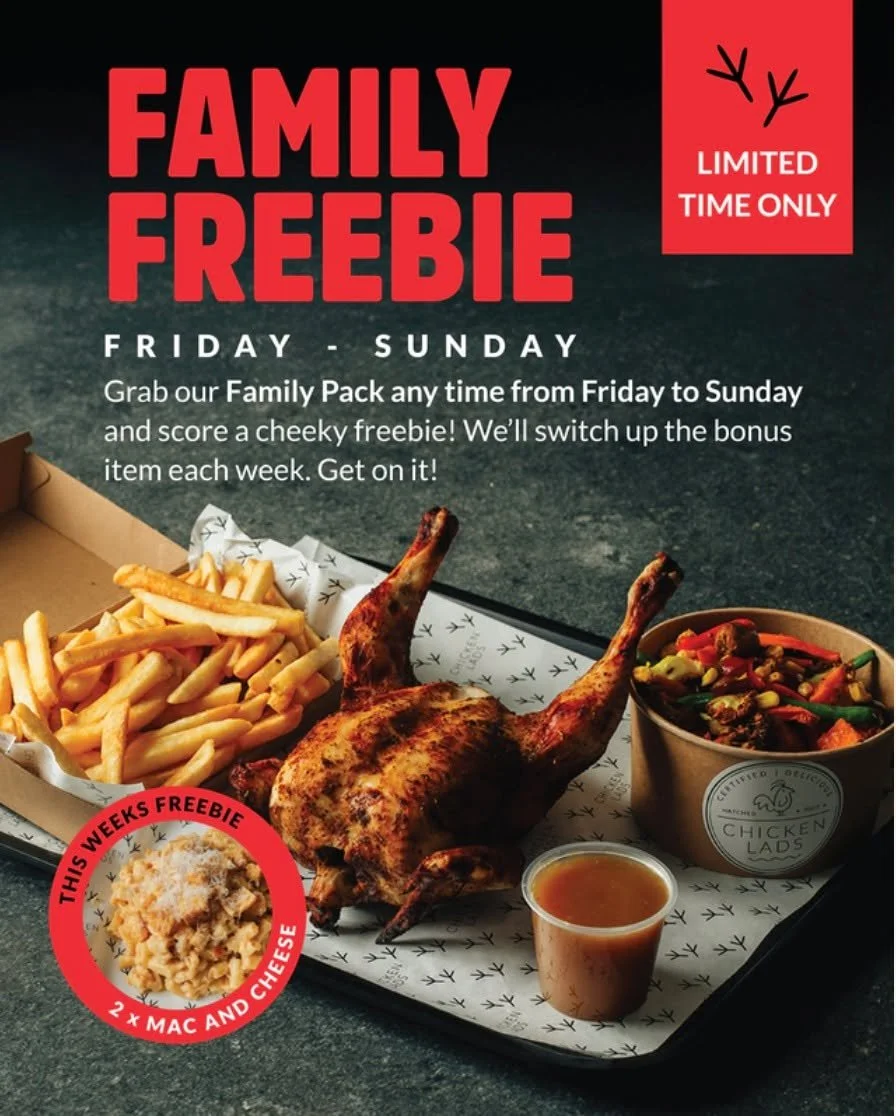 Your favourite side for free this weekend! 

This week&rsquo;s Family Freebie 
 2 FREE serves of Mac &amp; Cheese
✔ With any family pack 
✔ Limited time only
From Friday Midday through to Sunday Night! 
You bring the family. We&rsquo;ll handle dinner