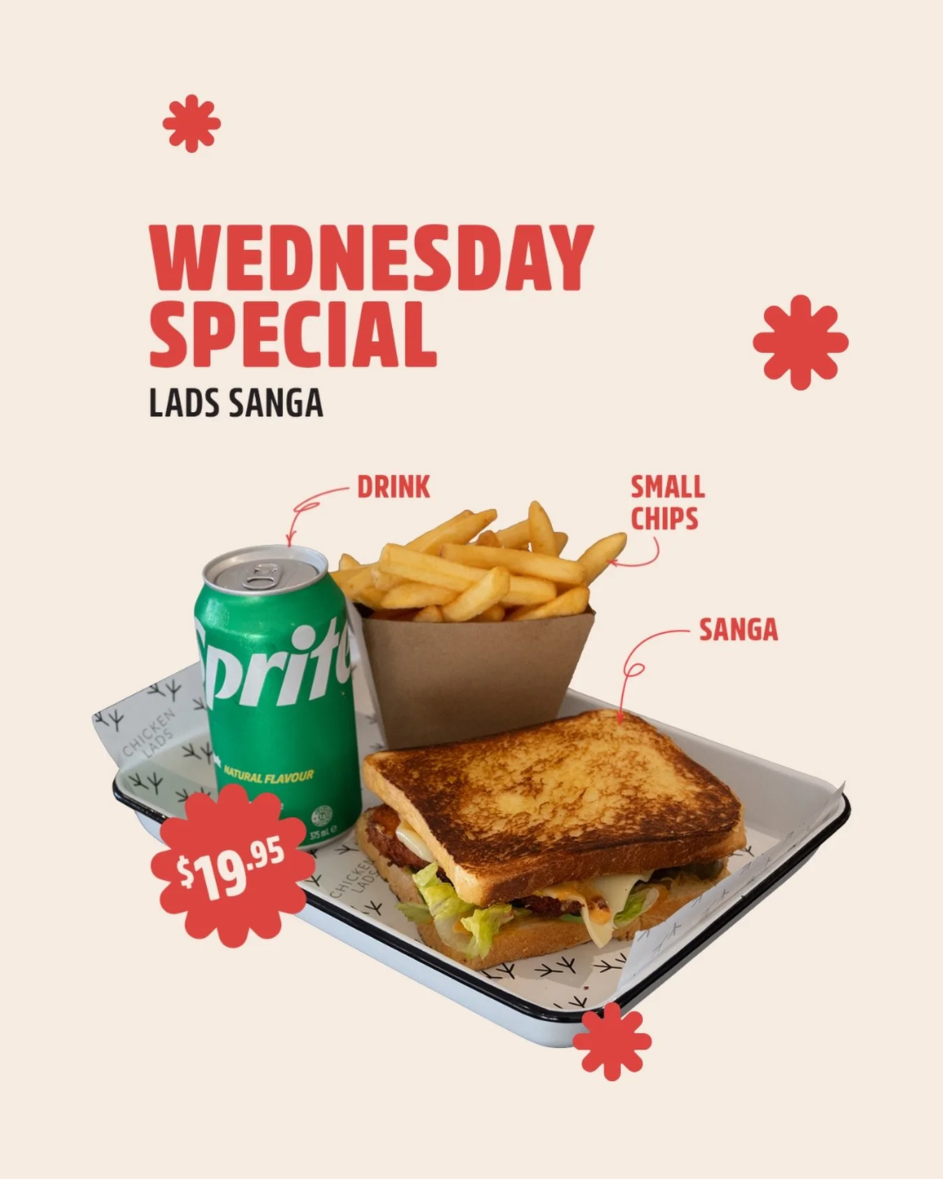 Hey, hey, hey! Our Wednesday Sanga Deal is here! Starting tomorrow, you can enjoy this amazing combo (not found anywhere else) 🥪🍟🧃🍗 

Tue-Sunday 11am-8pm
📍 529 Hampton St, Hampton VIC 
📞 (03) 9068 4488

#chickenlads #hampton