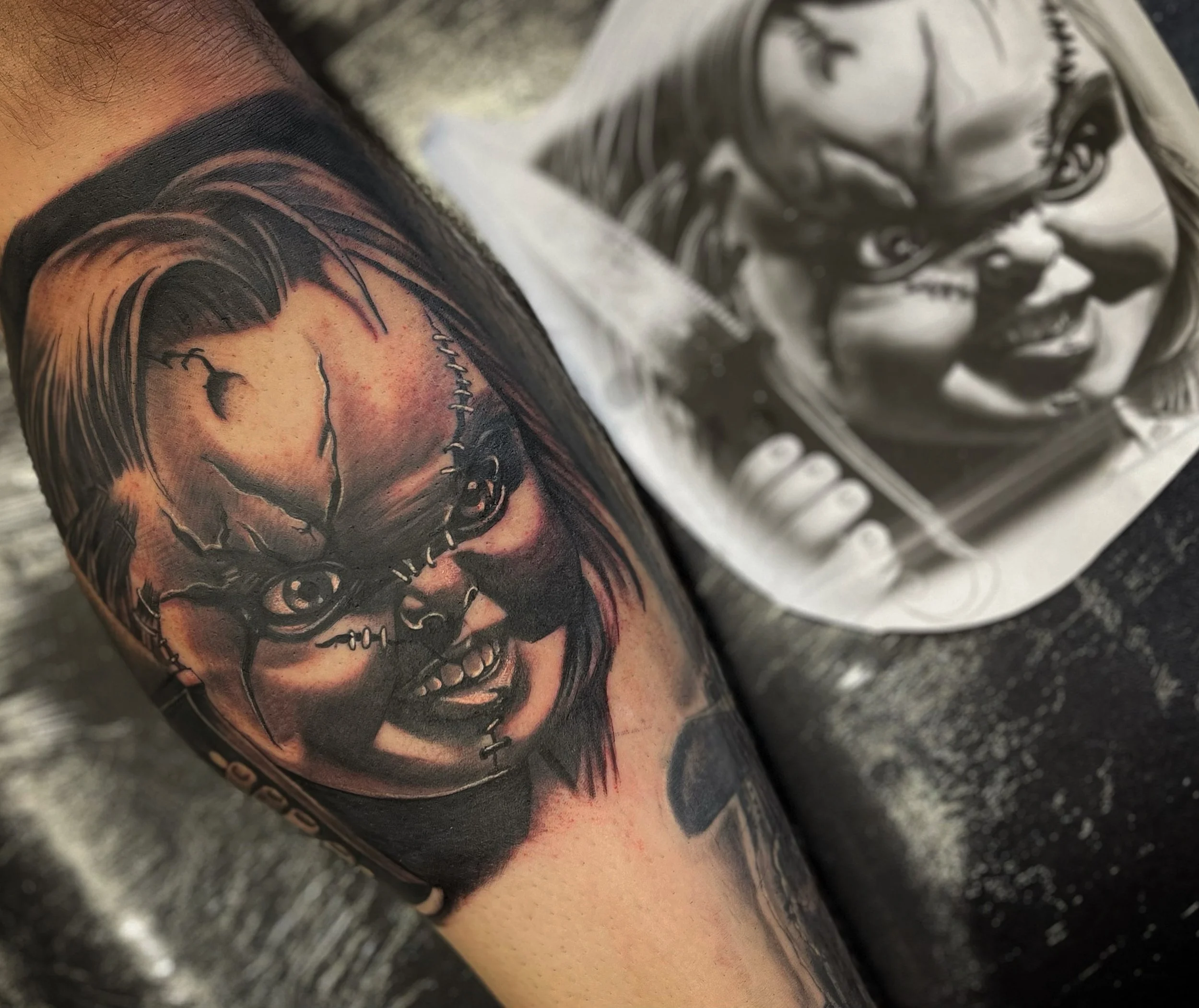 Chucky Tattoo Portrait-Inceptive Art Studio 10918 Hesperia Rd. Hesperia Ca