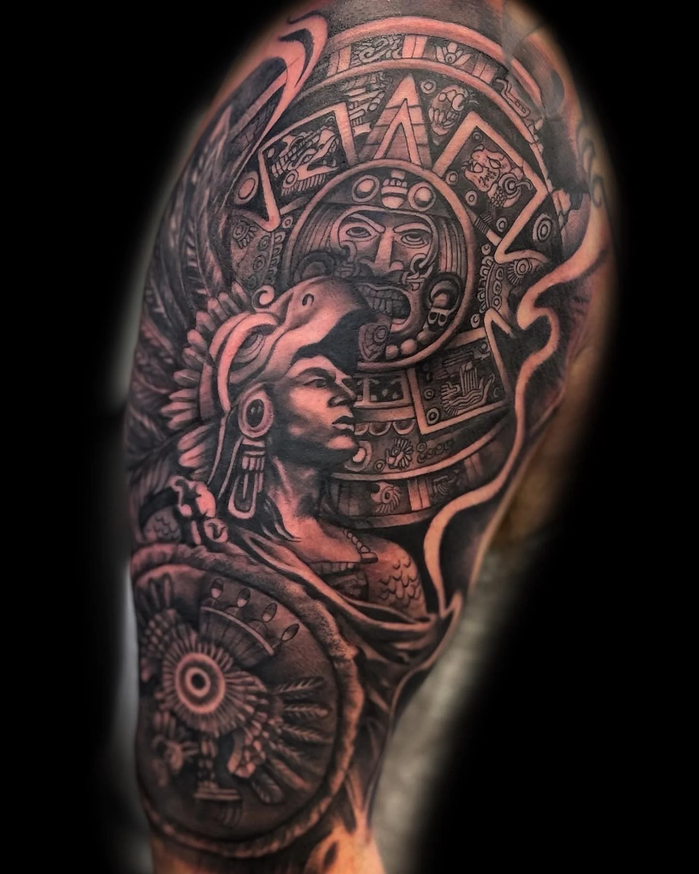 Aztec Warrior Calendar-Black and Grey Tattoo-Inceptive Art Studio 10918 Hesperia Rd. Ca