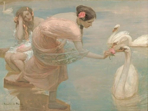 An oil painting by Rupert Bunney titled A Summer Morning, showing two women situated on stepping stones in a body of water, surrounded by white swans. The standing figure holds a flower to the beak of the nearest swan.