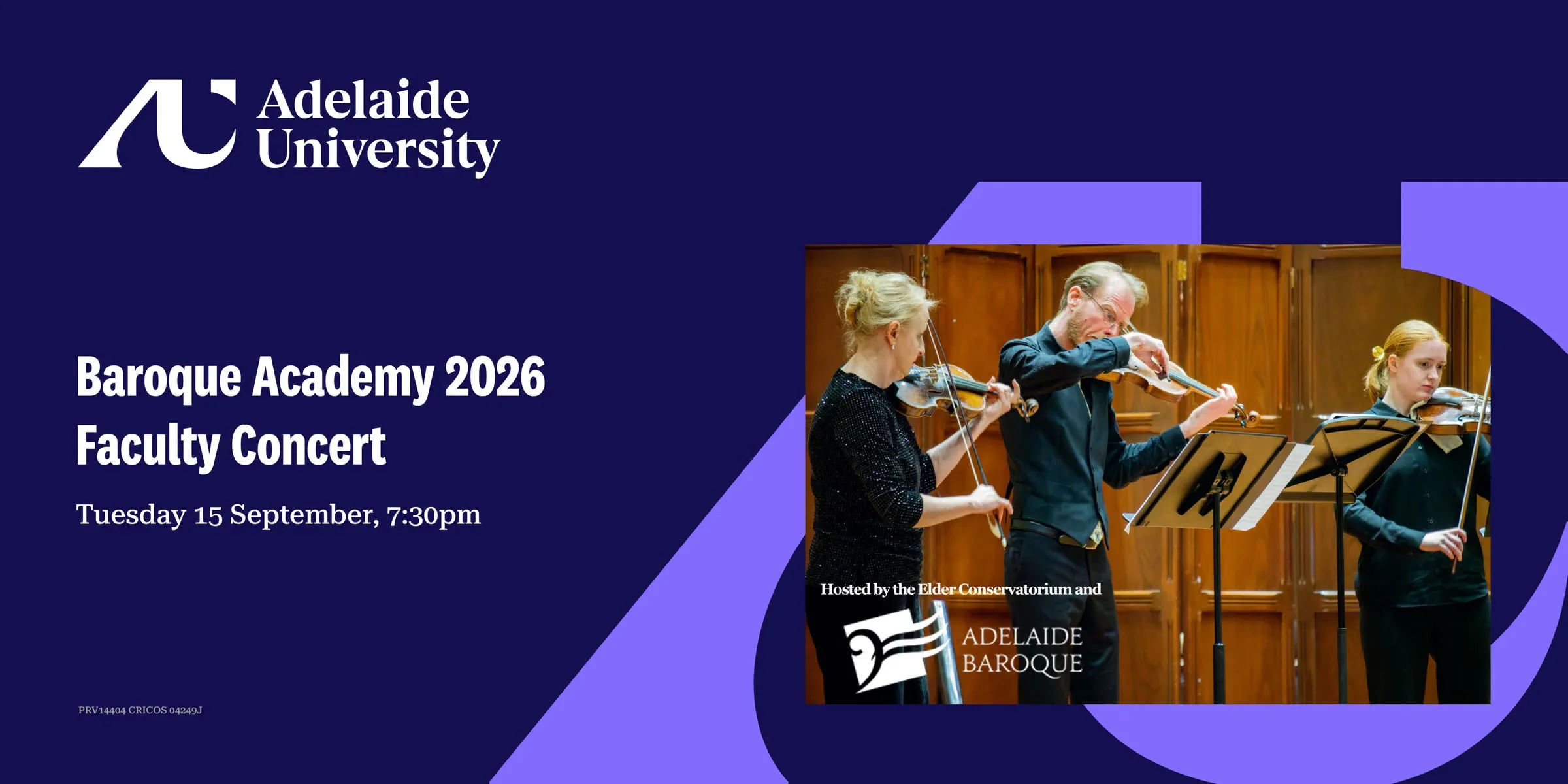 A banner advertising Adelaide University's Baroque Academy 2026 Faculty Concert.