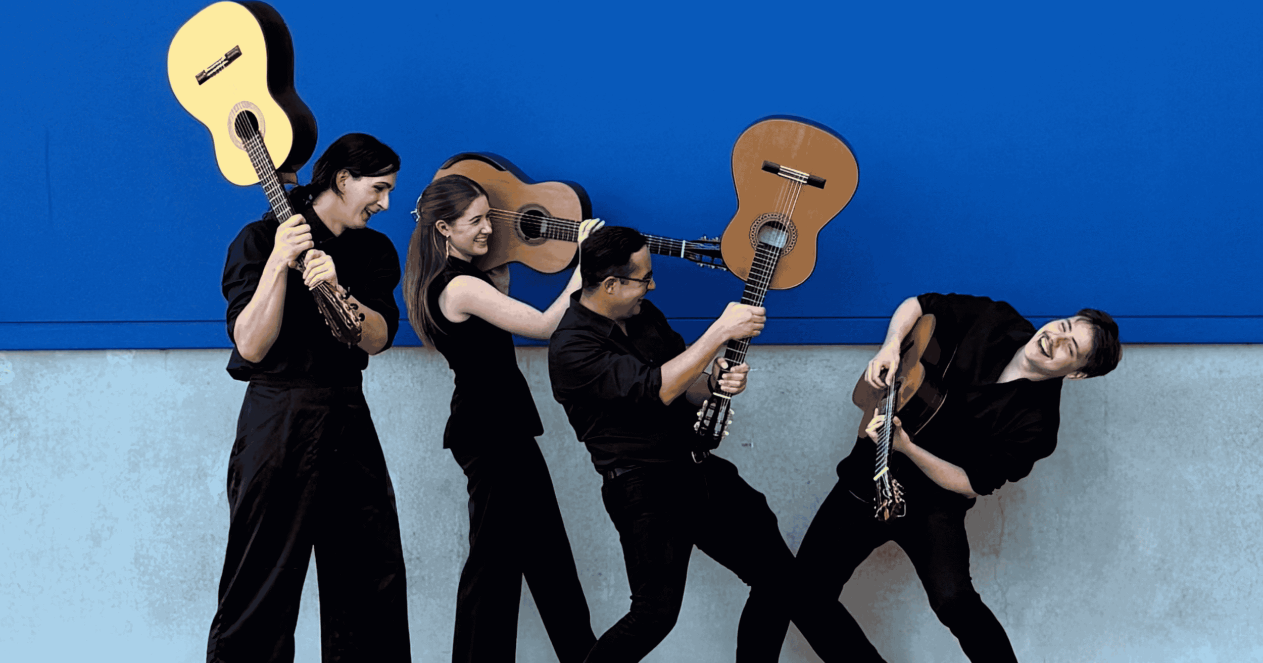 Opal Guitar Quartet are playfully weilding their instruments at each other against a bright blue wall.