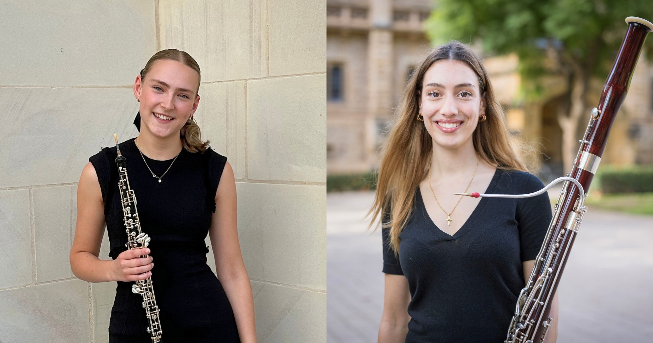 Two portraits side-by-side showing oboist Jade Elsdon and bassoonist Chiara Panetta, both holding their instruments. The photo of Chiara is credited to Photos by Jamois.
