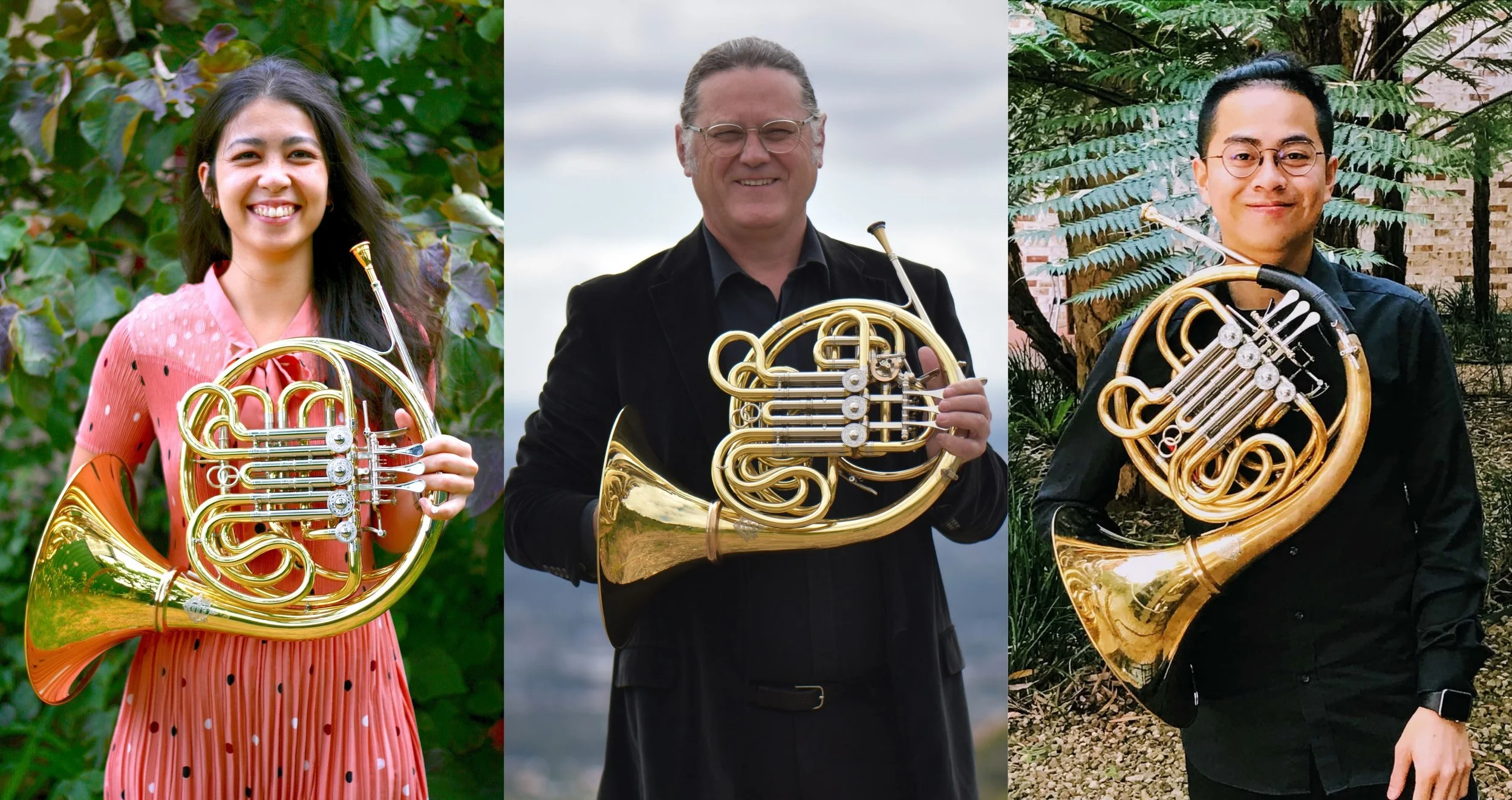 A collage of three photographs, each showing a person holding a french horn. The musicians are Emma Gregan, Philip Paine and Sam Peng.