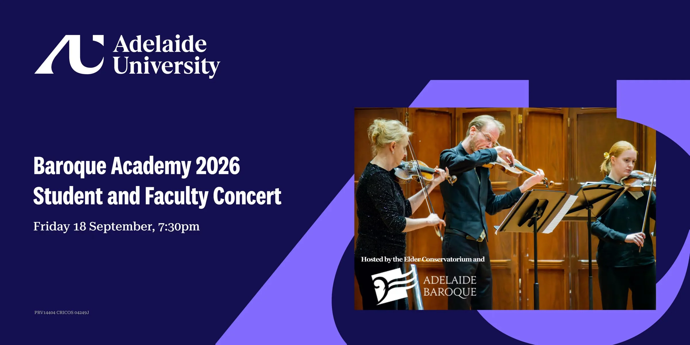 A banner advertising Adelaide University's Baroque Academy 2026 Student and Faculty Concert.