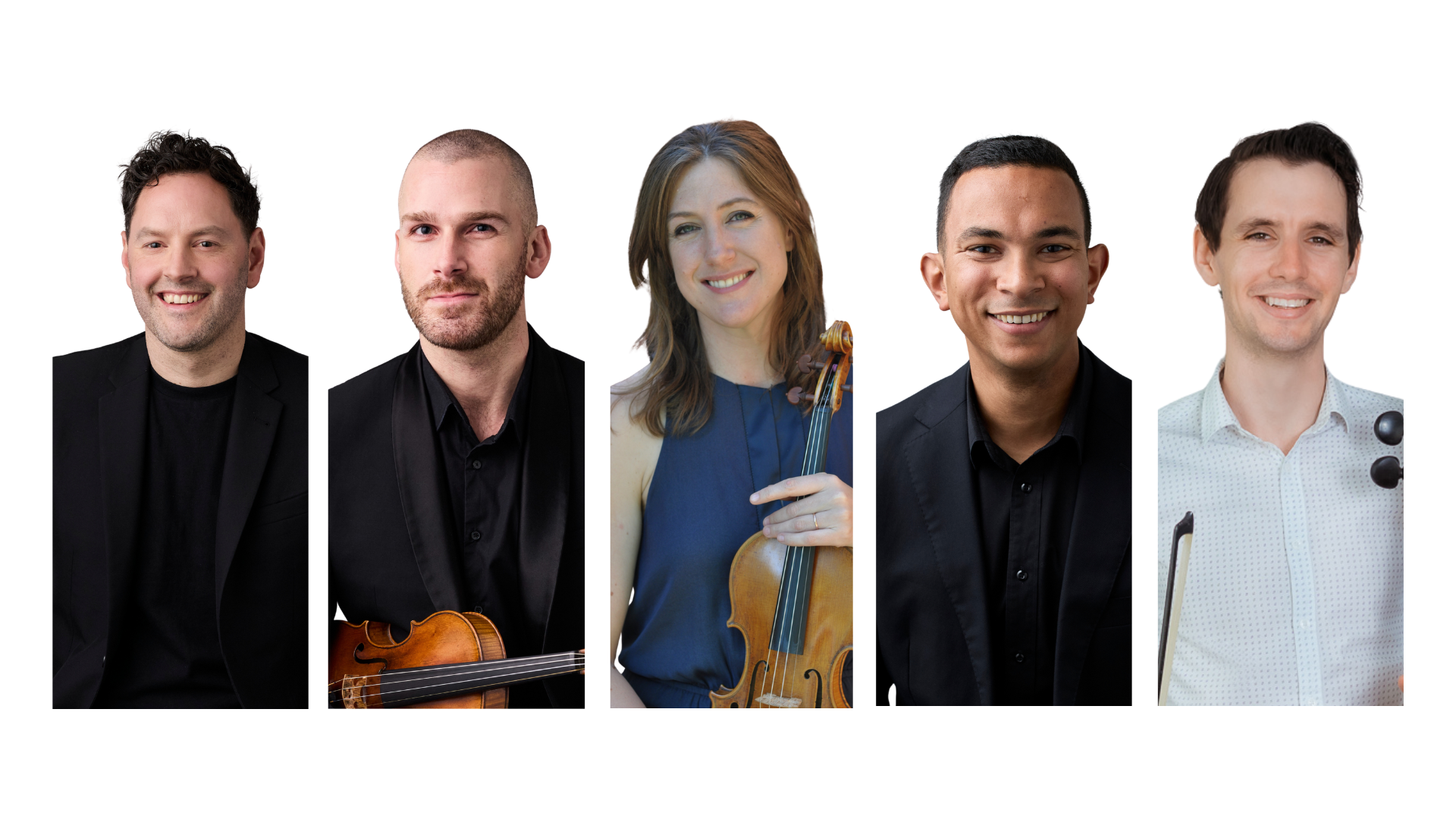 Five portraits of musicians are displayed side by side against a white background. The five subjects are dressed neatly, looking directly at the camera.