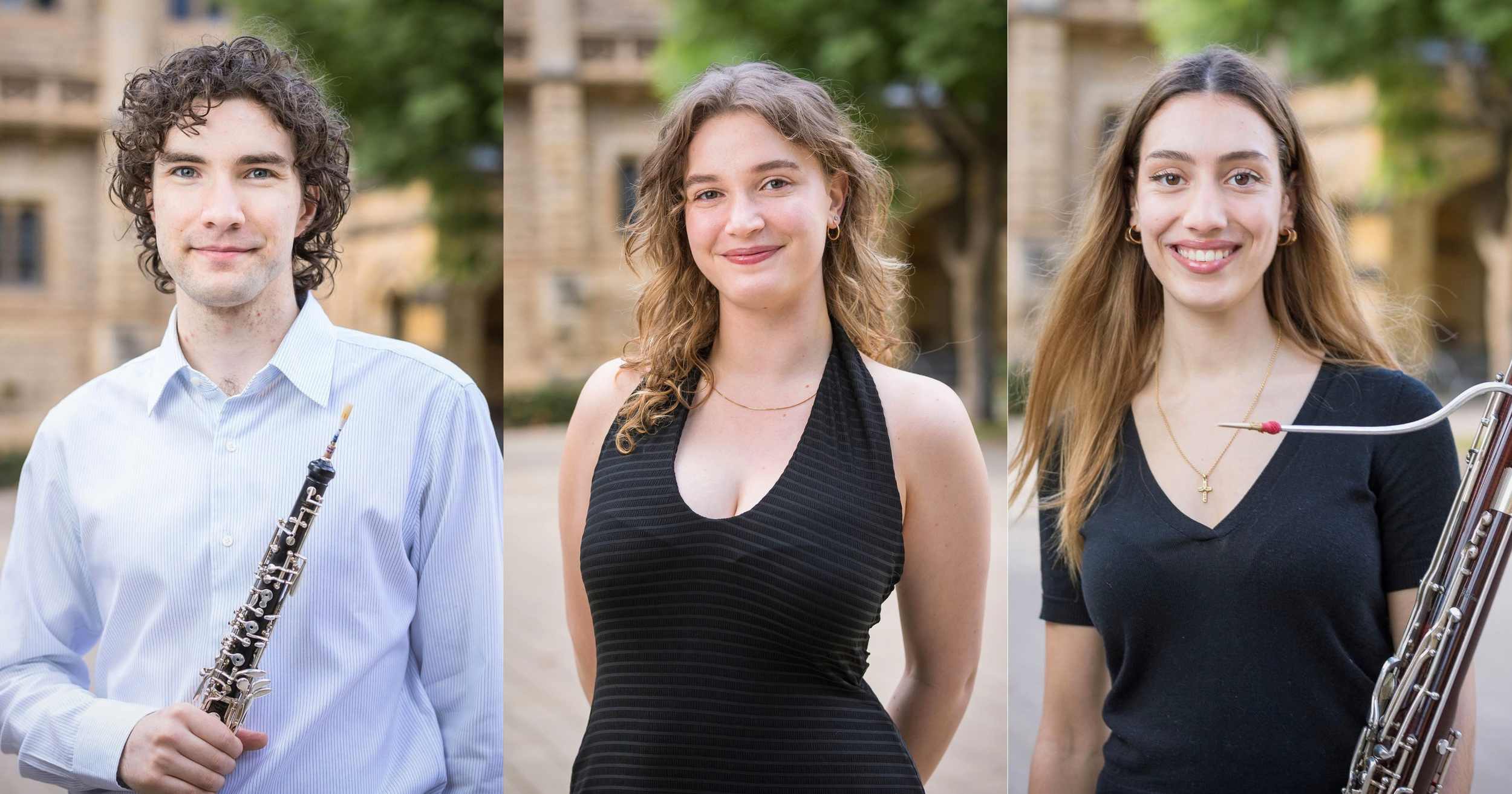 Three portraits side-by-side showing Recitals Australia musicians Patrick Moorehouse (oboe), Chiara Panetta (bassoon), and Maria Tynan (piano). All are dressed casually, smiling directly at the camera. The images are credited to Photos by Jamois.i