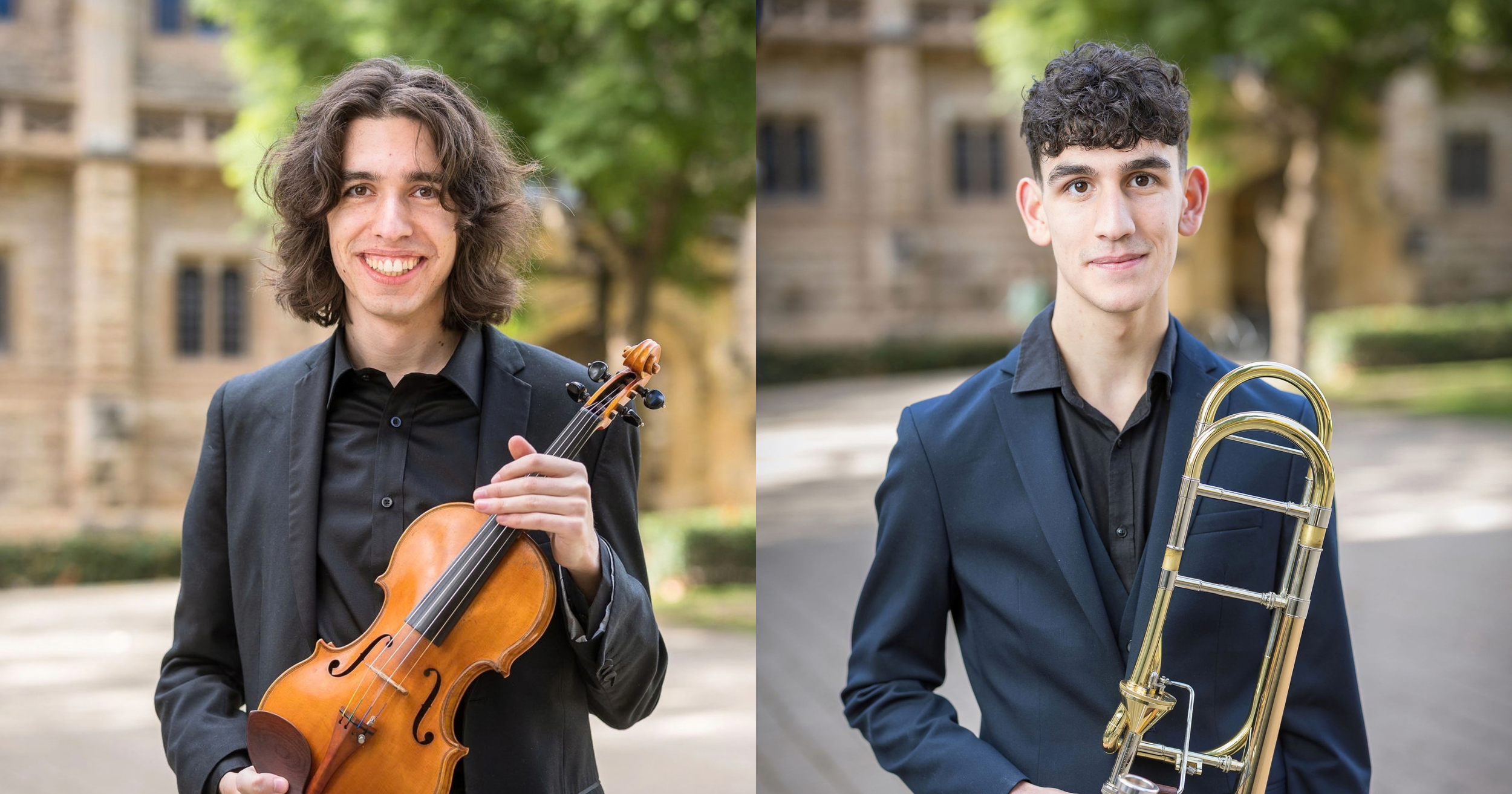 Two portraits side-by-side showing violinist Nicholas Miceli and trombone player Vincenzo Panetta. They are both dressed in concert blacks, holding their instruments. The photography is credited to Photos by Jamois.