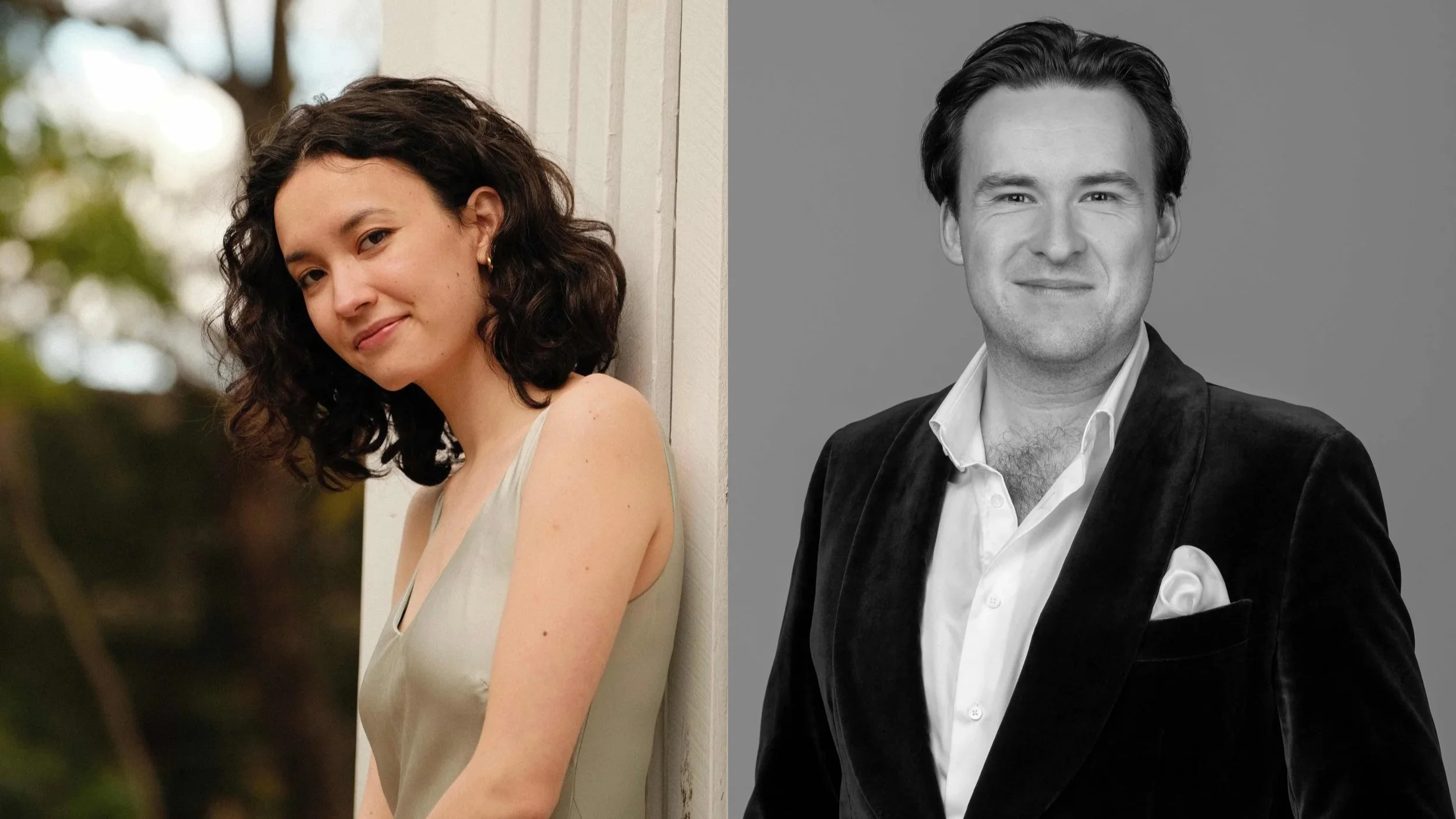 Two portraits side-by-side show pianist Hana Hart and baritone Macintyre Howie-Reeves. Hana is photographed in colour, leaning against a rustic wooden structure, outdoors. Macintyre is shown in black and white, dressed formally in a velvet jacket..