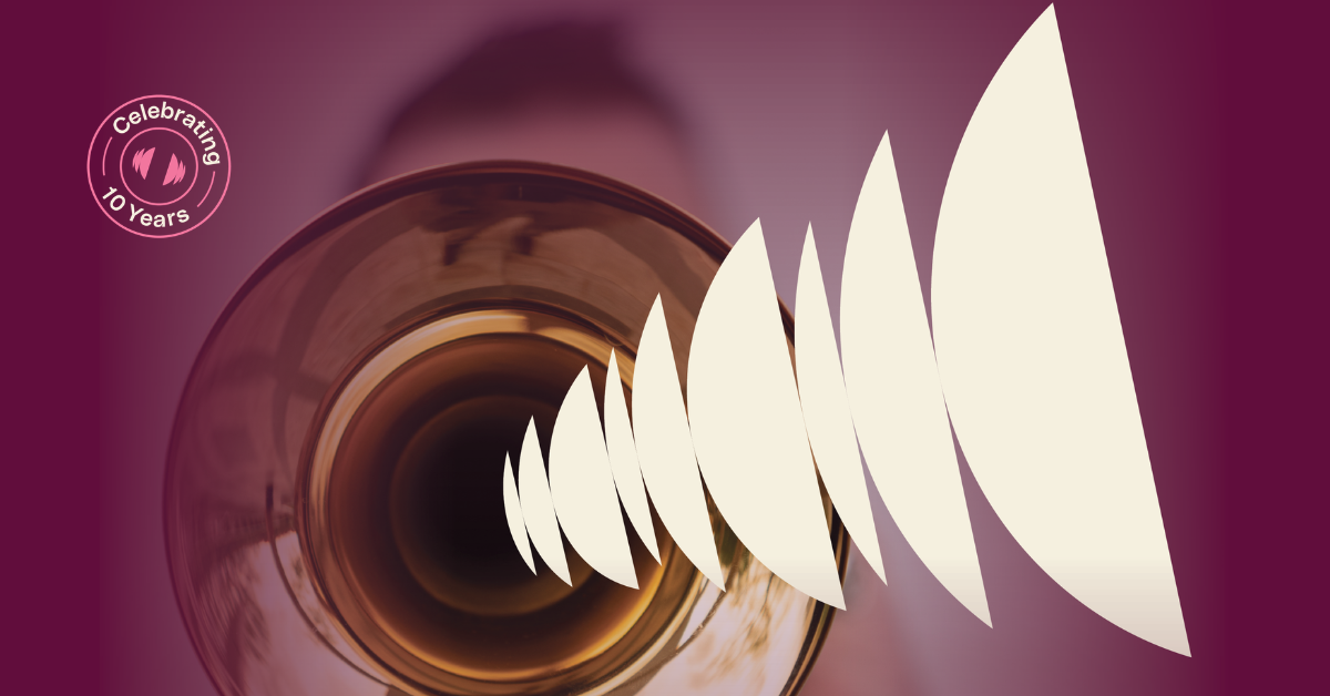 A close-up photo of a trumpet horn with the Chamber Music Adelaide symbol creating a graphic representative of a sonic wave. A badge reads "Celebrating 10 Years".