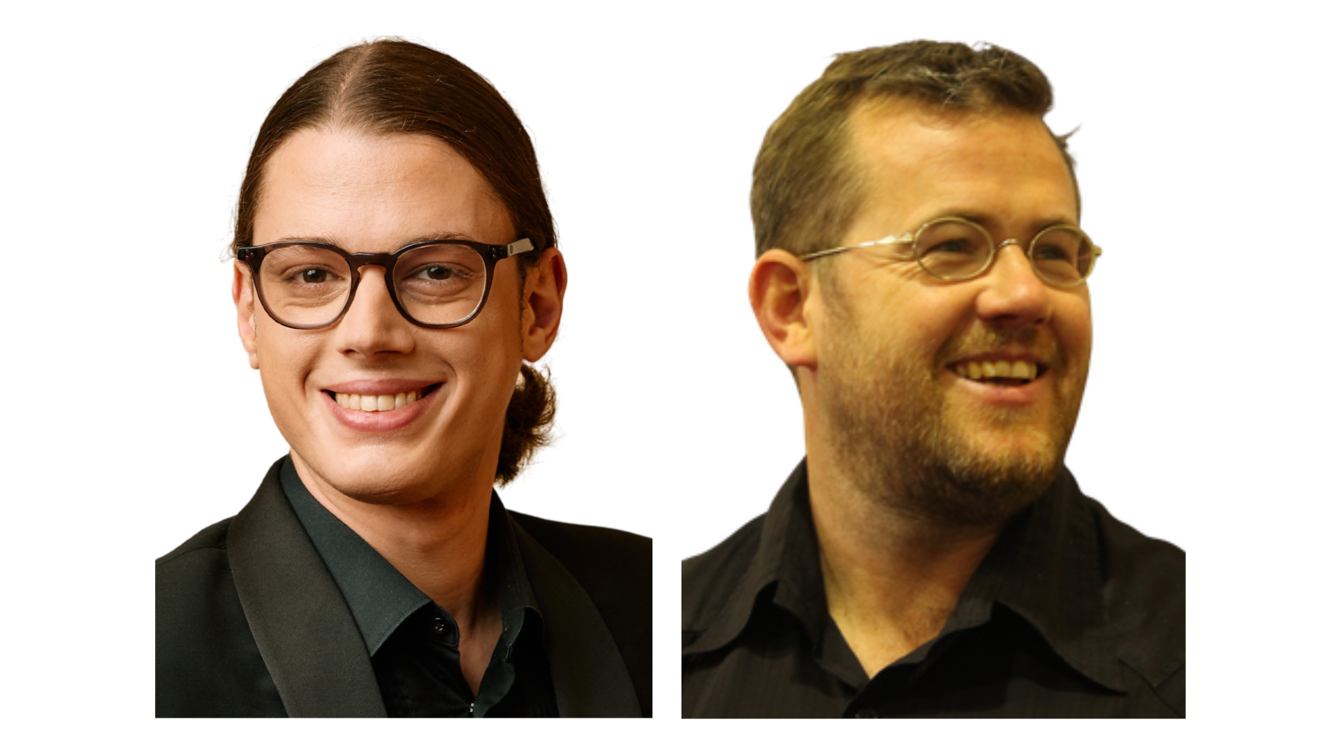 Two headshots are displayed side by side against a white background. Both subjects wear black clothing and glasses, with neatly groomed hair..