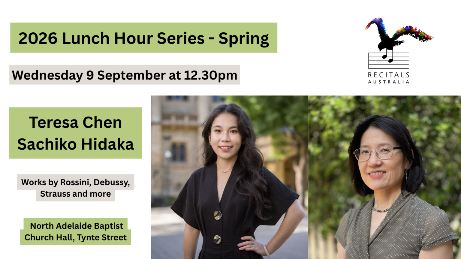 A flyer for Teresa Chen and Sachiko Hidaka's concert, presented by Recitals Australia.