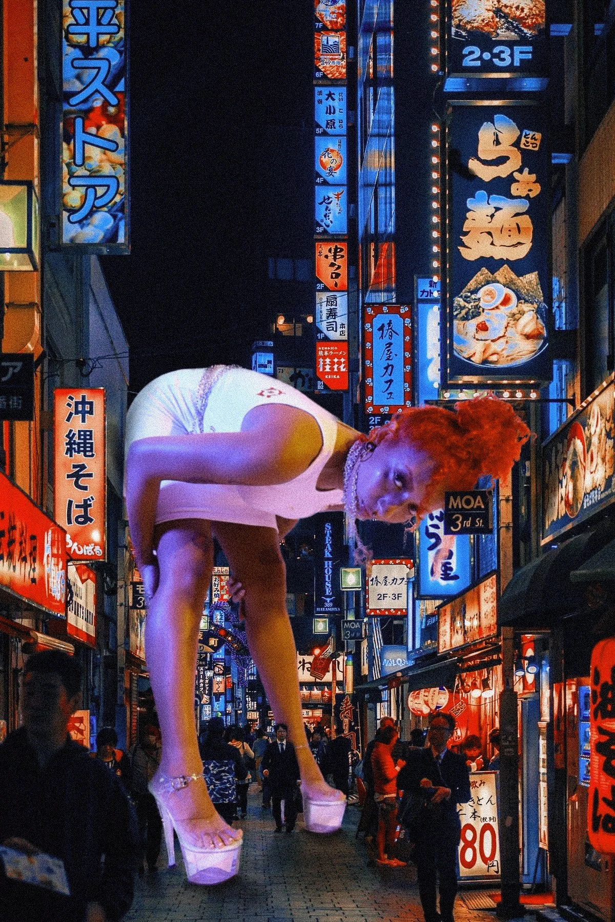 A city street at night with bright neon signs in Japanese. A giant woman with bright orange hair, wearing high heels, a white top, and a skirt, is superimposed, bending down and looking at the camera.