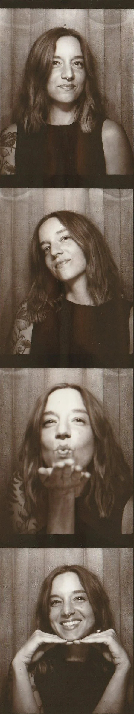 A photo strip of Diana posing in 4 different ways. The first and second photo she is barely smiling and the third and fourth photo are a bit silly.