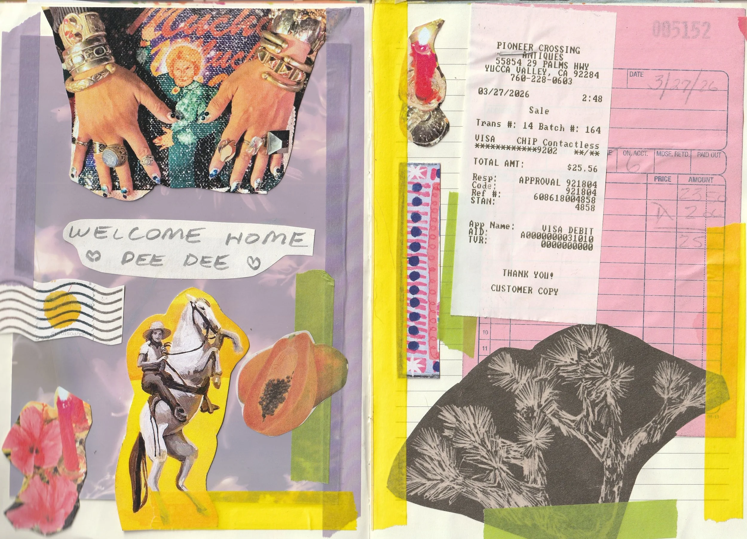 A Junk journal scrapbook spread of mystical imagery including hands with crystals, a woman on a horse that is standing on its two hind legs, and a written note that says "Welcome home dee dee".