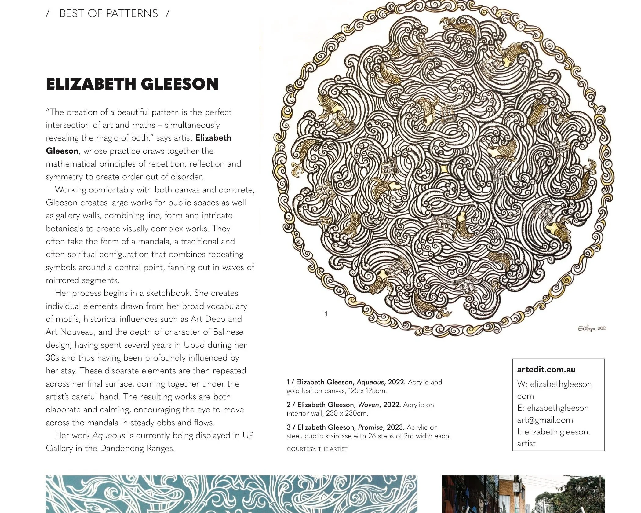 A circular artwork titled "Aqueous" by Elizabeth Gleeson features intricate black line patterns with gold accents, resembling swirling water and stylized fish, enclosed by a decorative border of continuous loops.