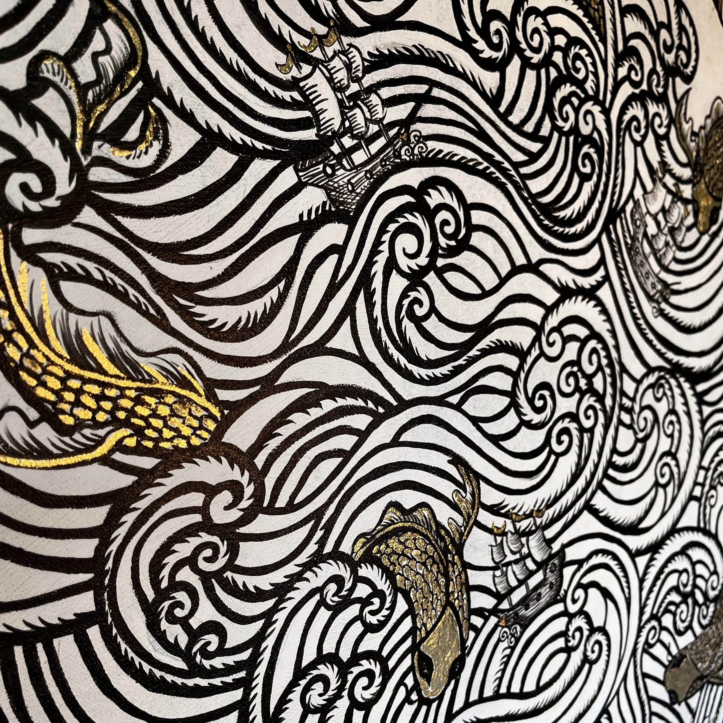 Detail of 'Aqueous' 2022. Acrylic & gold leaf on canvas.  124 x 124 cm