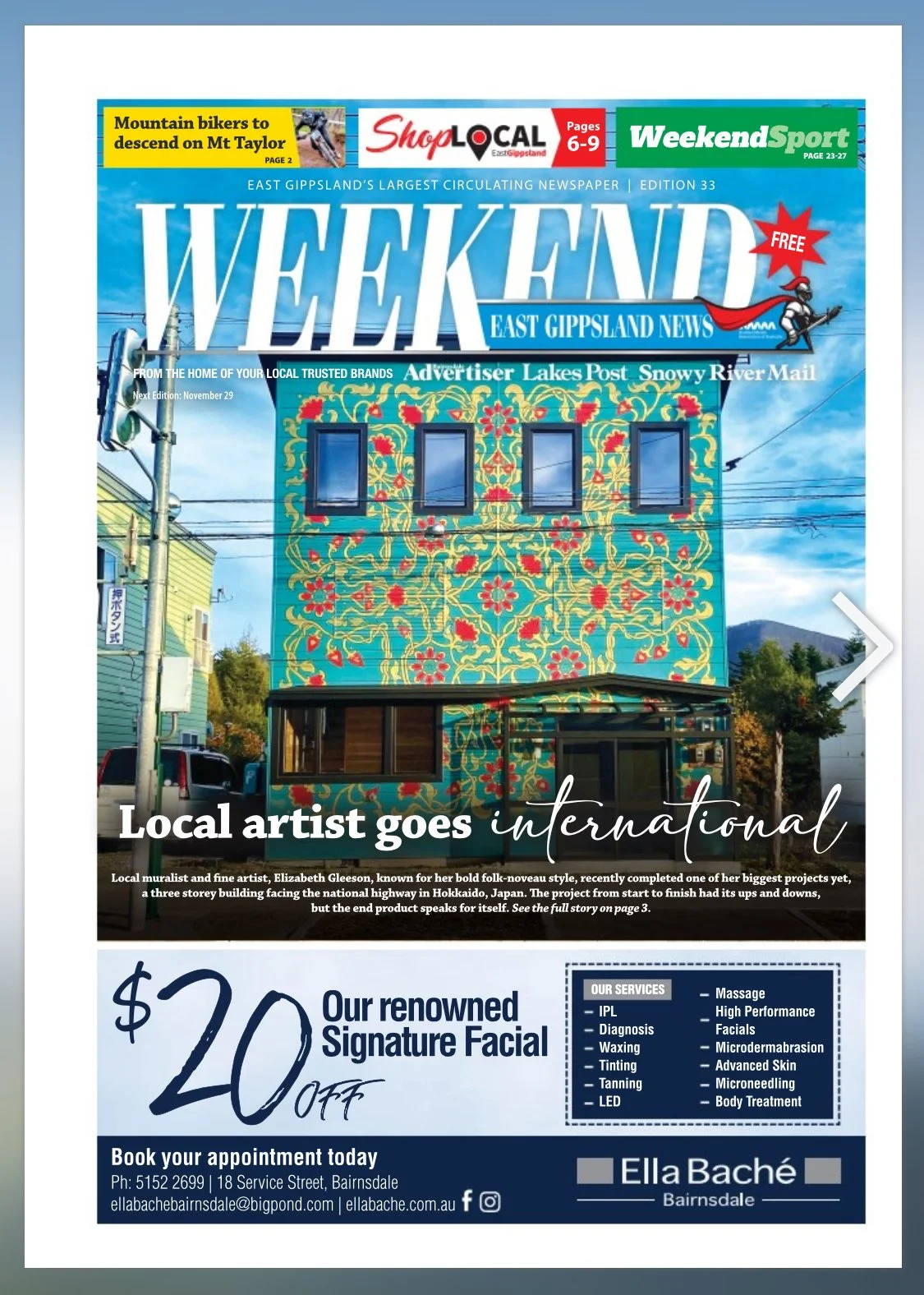 Front page of the Weekend East Gippsland News newspaper featuring a colourful mural building in Japan by artist Elizabeth Gleeson, headlines about local and international art.