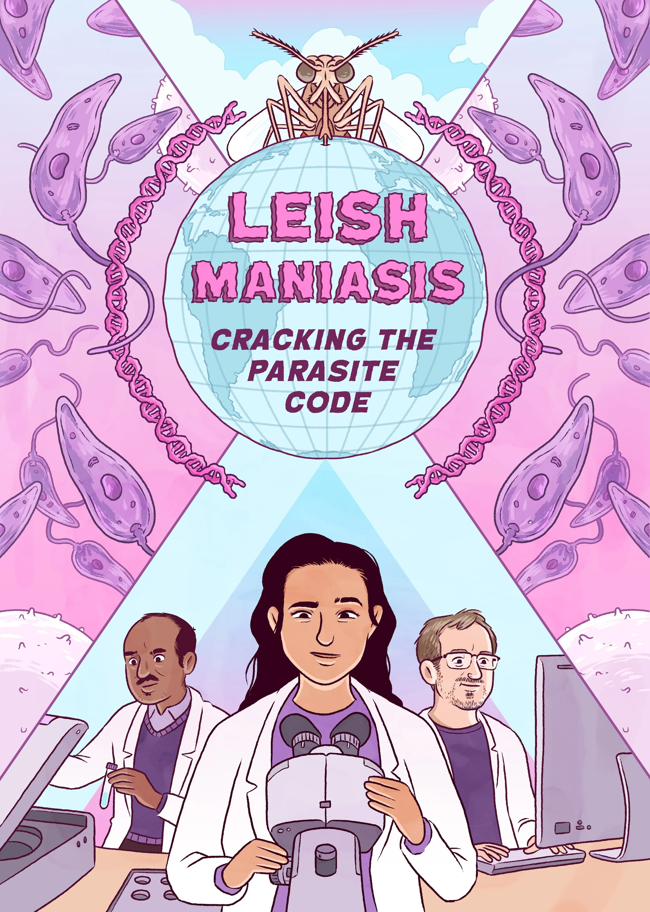 Cover for Leishmaniasis Cracking the parasite code, a comic book. Illustrated cover shows scientists looking down microscopes and using equipment, while above and aroudn them float leishmaniasis parasites and DNA.