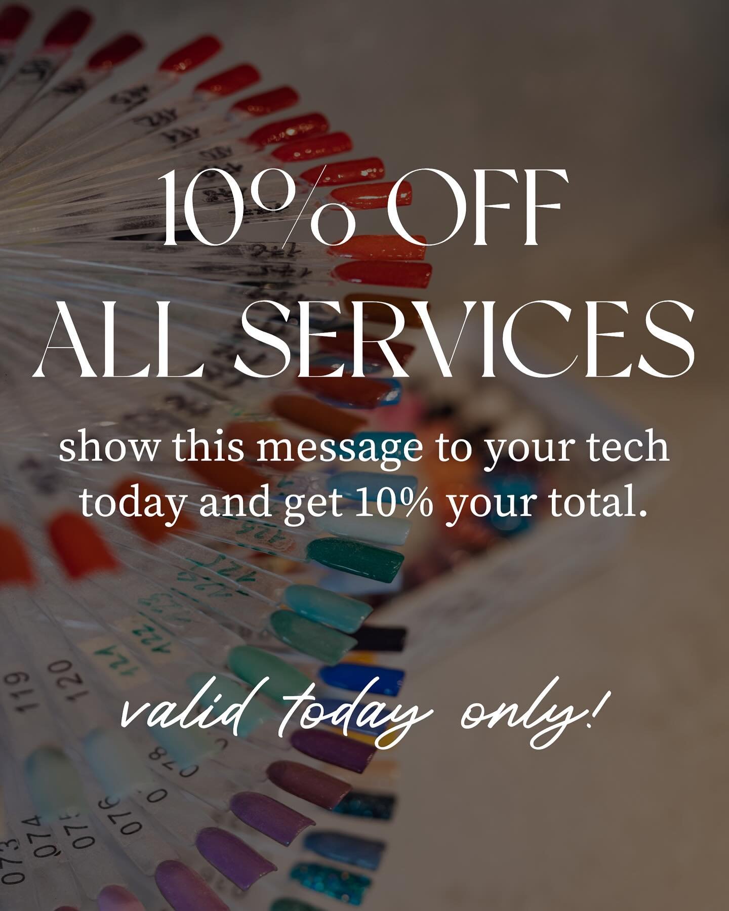 SPECIAL OFFER - TODAY ONLY 🤍
Get 10% off all services 💅🏽

Walk in&rsquo;s welcome 👇🏼