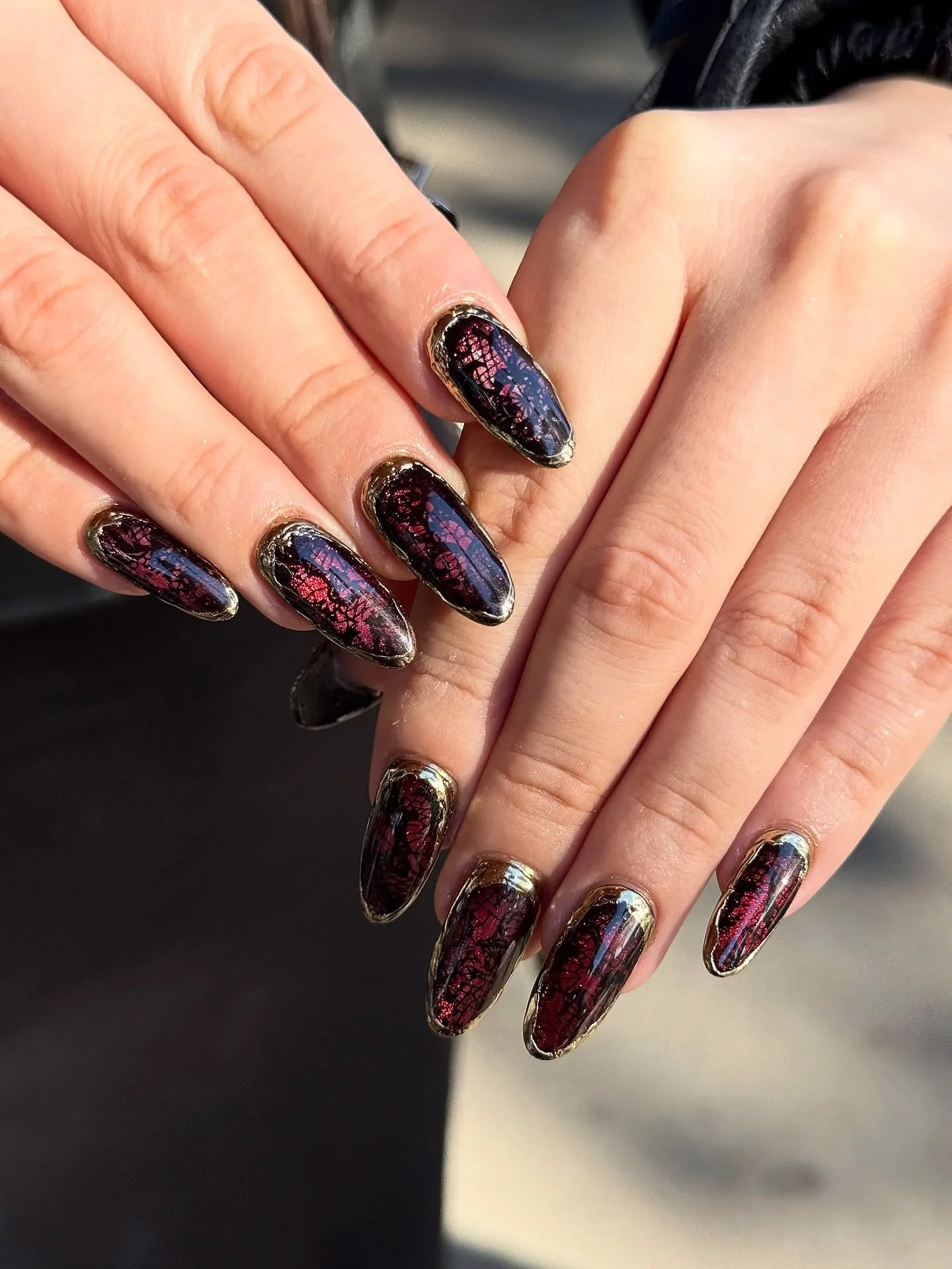 Chrome, cat eye effect and lace nails! 🥀

Have you seen anything like it? 😍

Nails by Master Artist, Mia. ❤️

BIAB. Builder gel. Gel X. Acrylic nails. SNS nails. Cat eye nails. Chrome nails. Lace nails. Gel nail art. Gel nail polish. Sydney nail sa