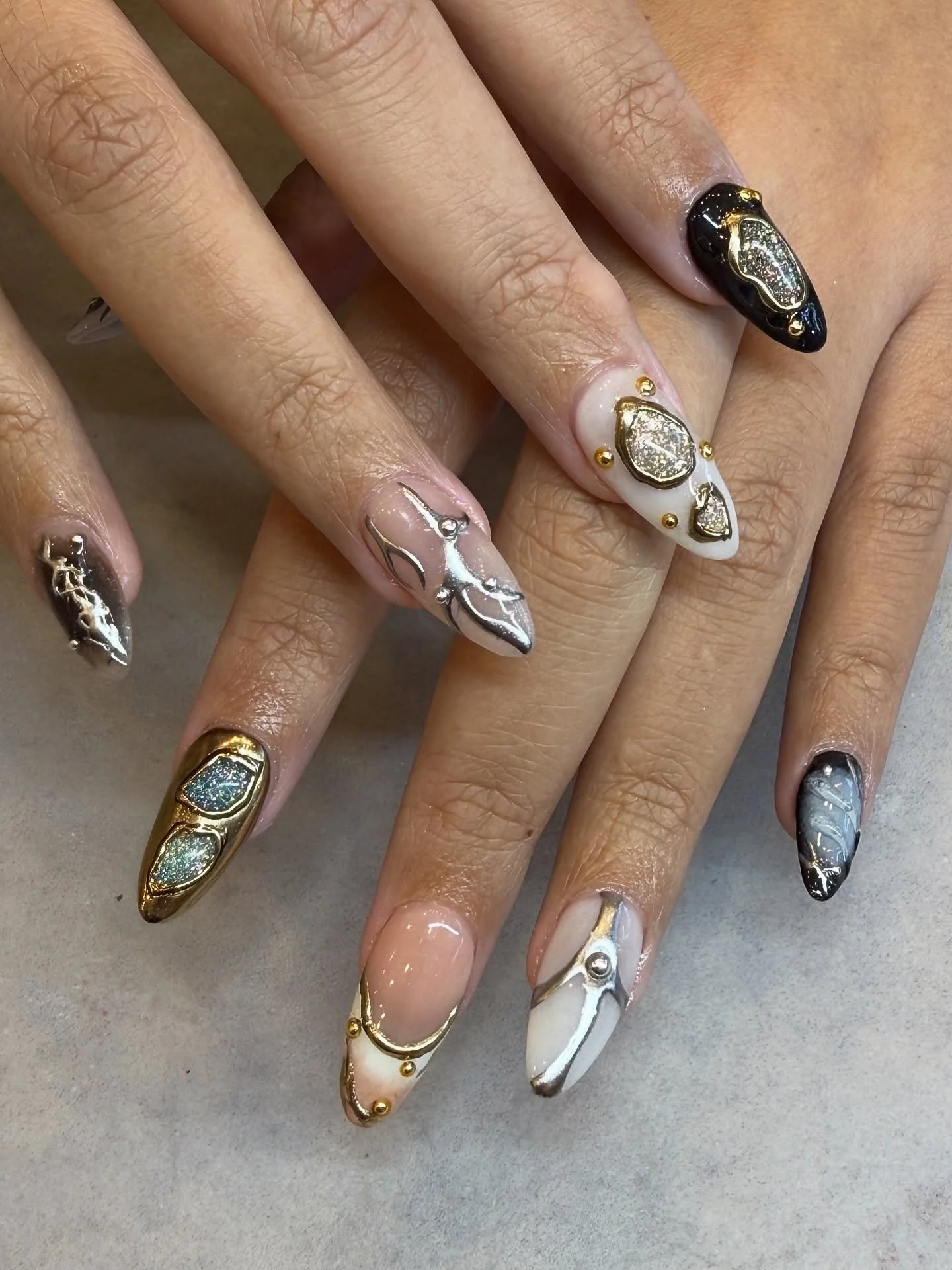 Level up your nails today with Ace Nails &amp; Beauty! 💫

Nails by Master Artist, Emily. 🪐

Chrome nails. Aura nails. Nail extensions. Cat eye nails. French tip nails. 3D gel nail art. 3D nail art. Gold nails. Biab. Builder gel. Gel X. Acrylic nail