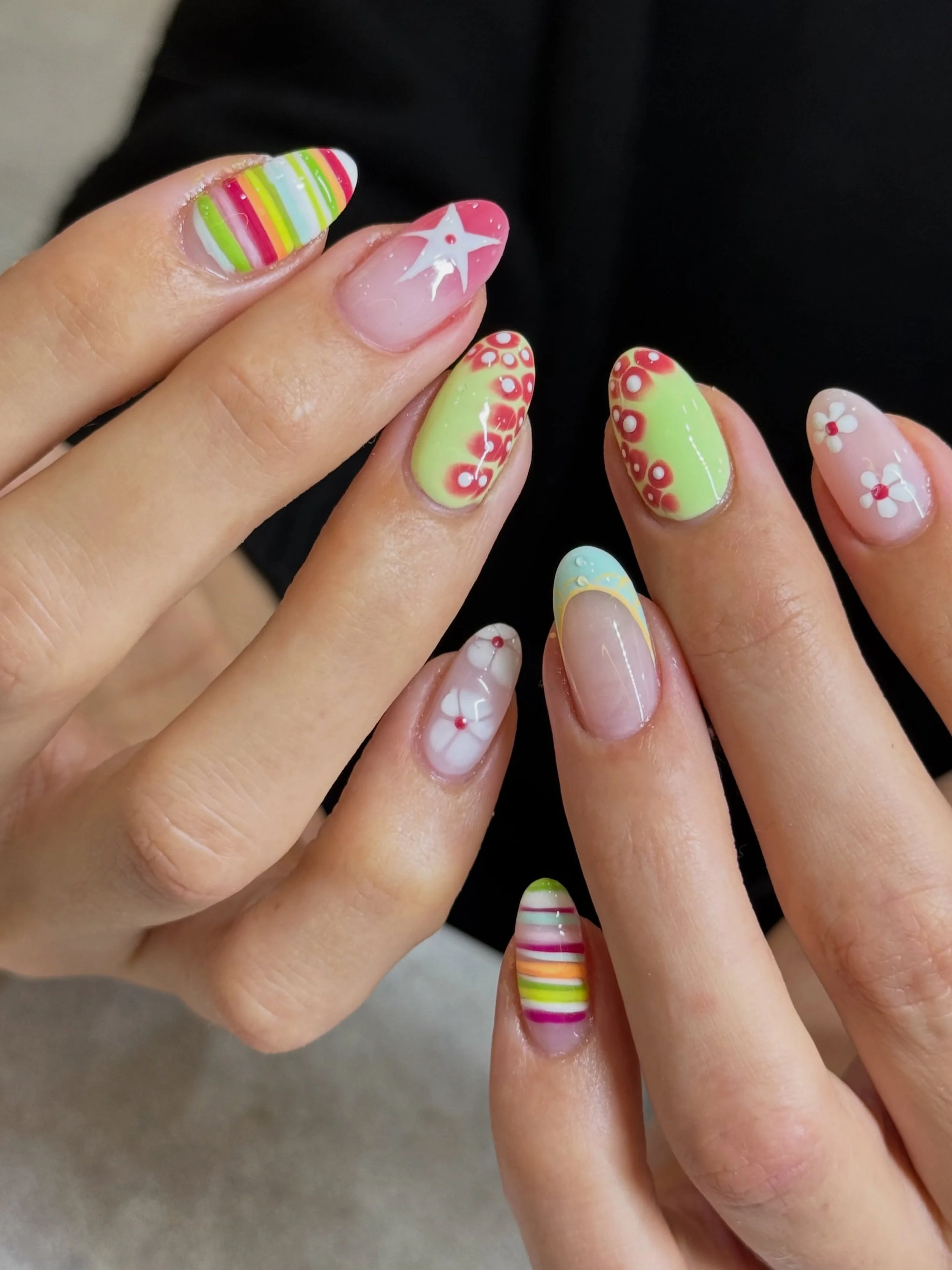 Such fun nails and so Zara Larsson coded! We&rsquo;re obsessed. 🤩 

Come into Ace Nails &amp; Beauty for us to create your Eurosummer nails!

Nails by Master Artist, Mia. 💚🩷

#summernails #roundnails #shortnails #colorfulnails #brightnails biab, a
