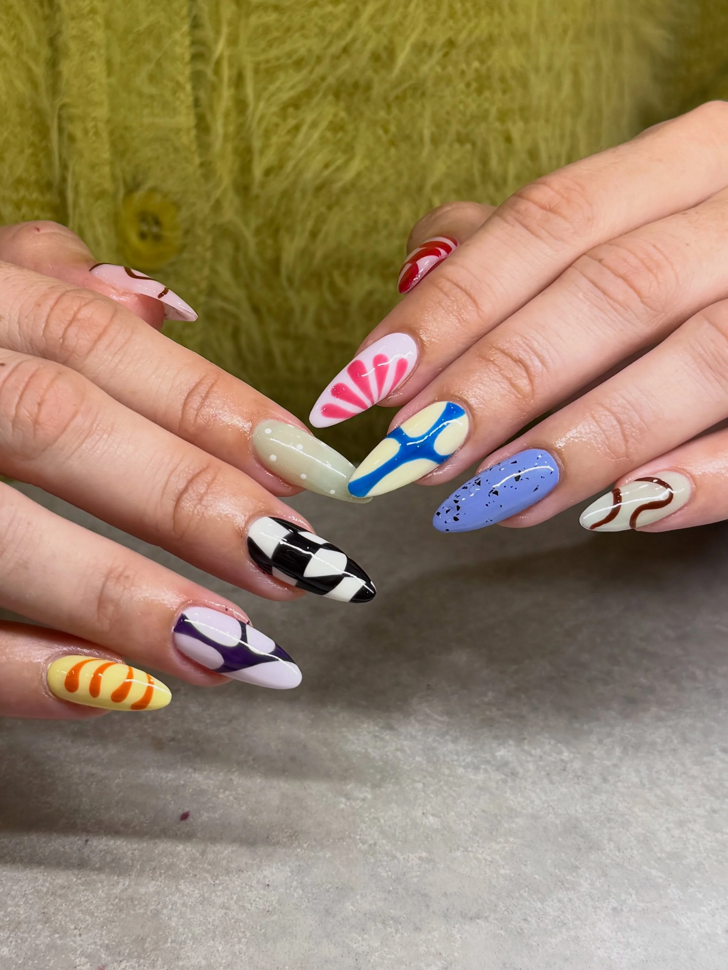 Colourful and fun 2D nail art. 💜

Nails by Master Artist, Amy. 🍒

#brightnails #colorfulnails #almondnails #abstractnails #gelx abstract nails, almond nails, bright nails, nail extensions, acrylic nails, gel x, builder gel, tel manicure