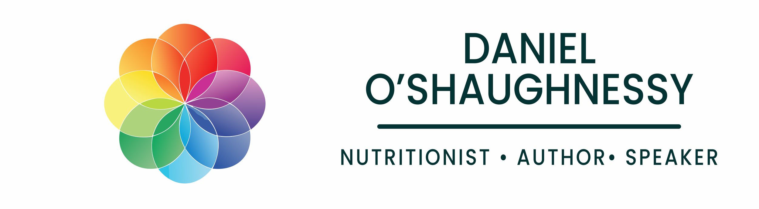 Logo featuring a colorful flower with overlapping petals and text stating "Daniel O'Shaughnessy, Nutritionist, Author, Speaker."