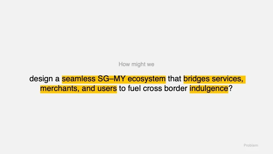 Therefore, how might we design a seamless SG-MY ecosystem that bridges services, merchants, and users to fuel cross border indulgence?
