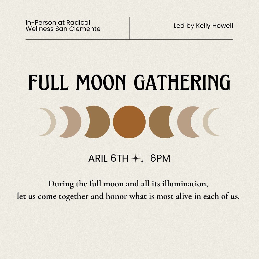 ✨ In-Person Gathering ✨

During the full moon and all its illumination, let us come together and honor what is most alive in each of us. What is most illuminated in you?

We will come together in circle for a full sensory experience where we will exp