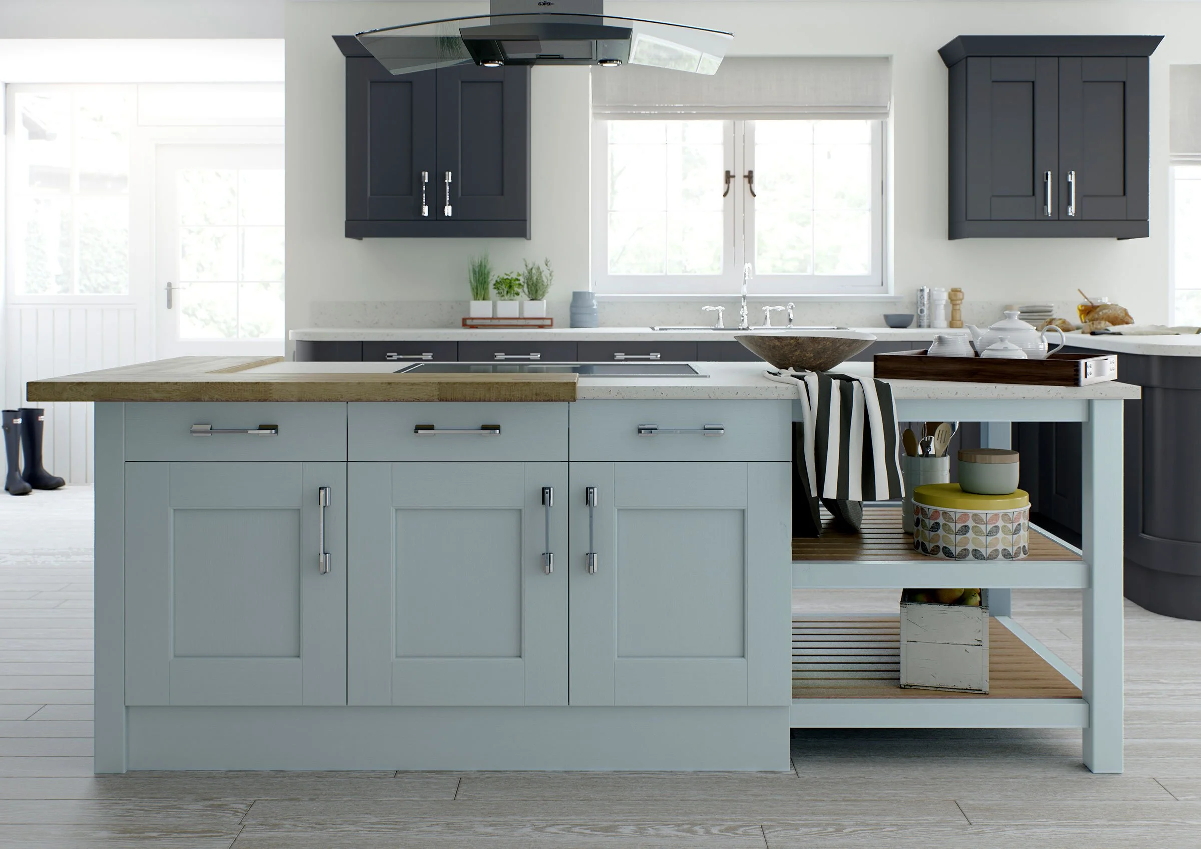 A white kitchen with an island and open storage