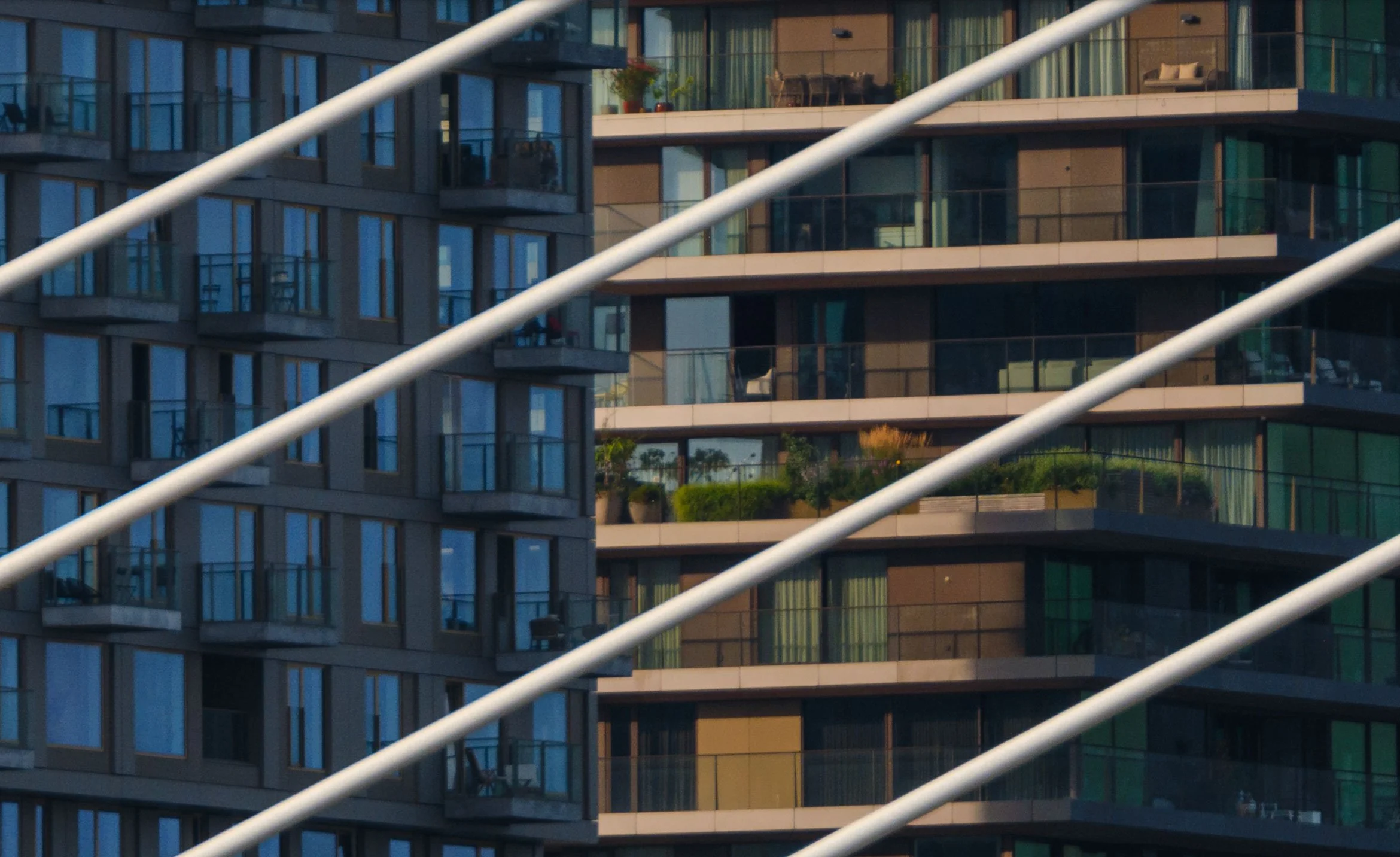 100% crop of Rotterdam apartment balconies and Erasmus Bridge cables showing fine architectural detail.
