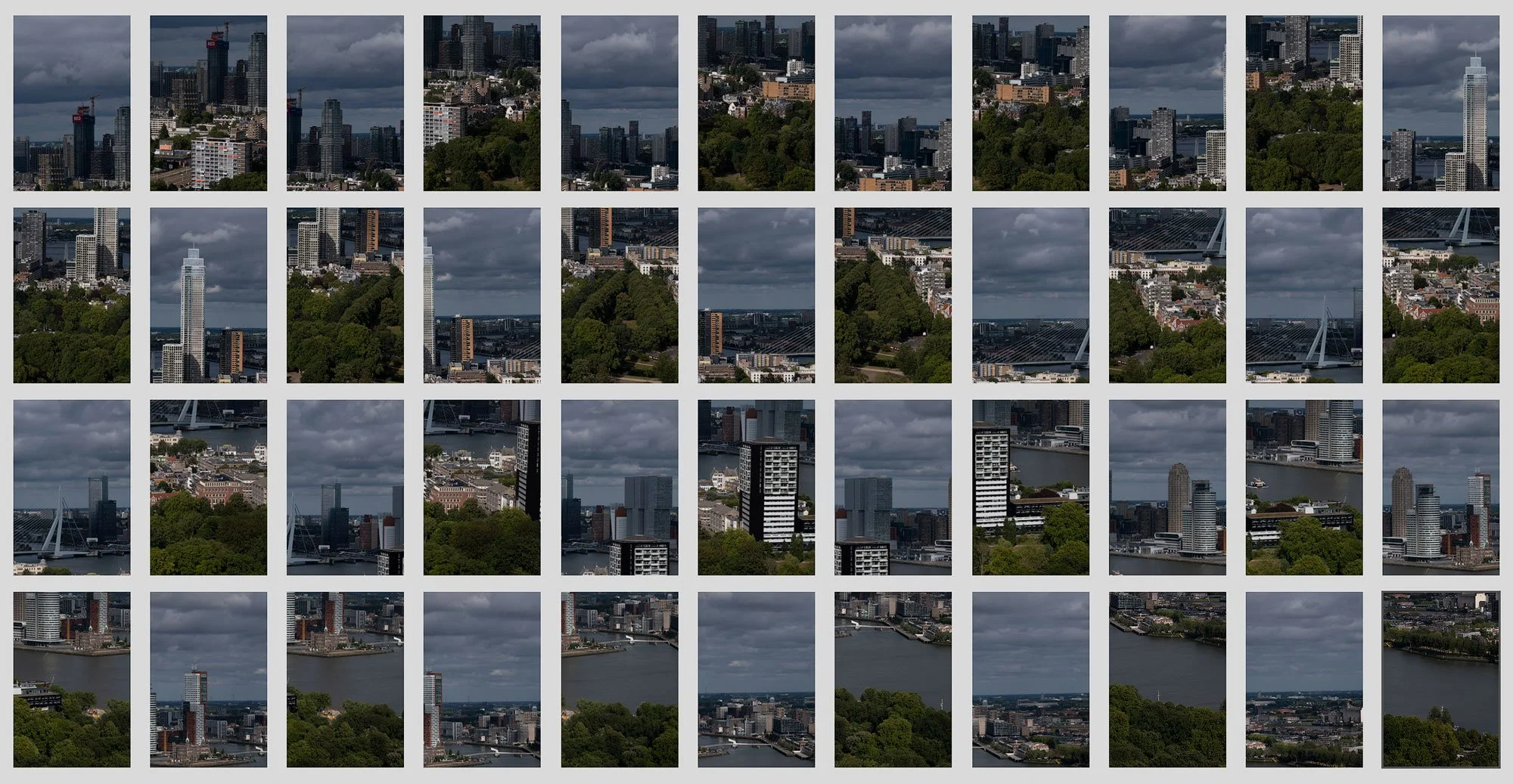 Lightroom grid showing 44 vertical photographs captured at 100mm for a two-row Rotterdam panorama.