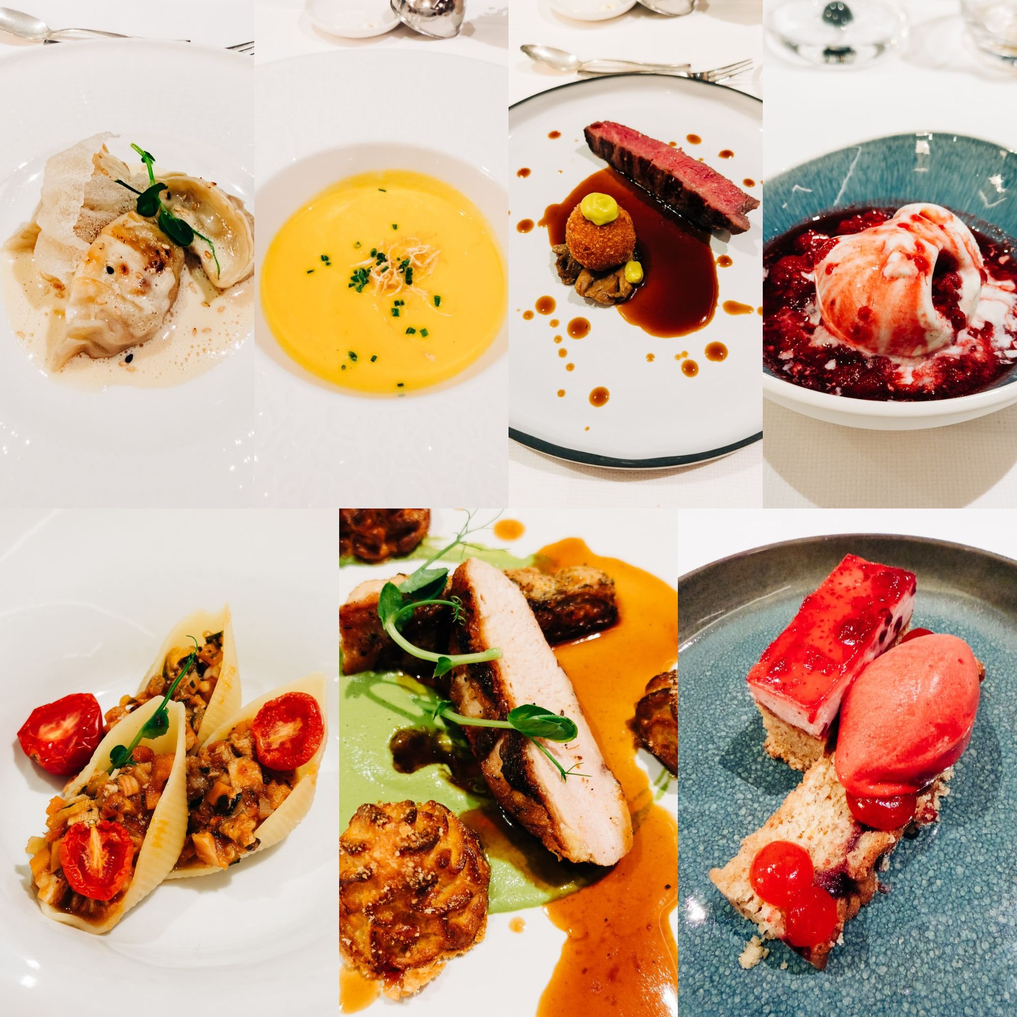 A selection of plated dishes served during shared dinners on the Dolomites photography workshop.
