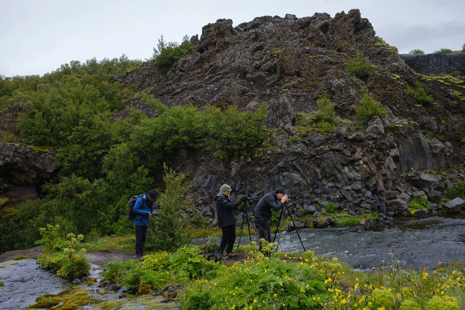 Group of participants of the iceland highlands workshop while photographing in the area of Gjáin