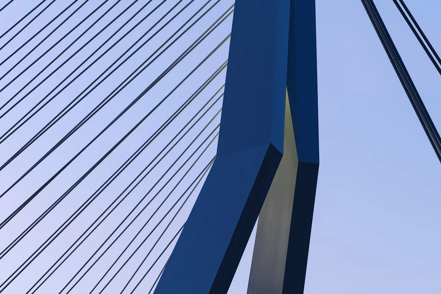 Tight telephoto composition of the Erasmus Bridge pylon and cables against a pale blue sky.