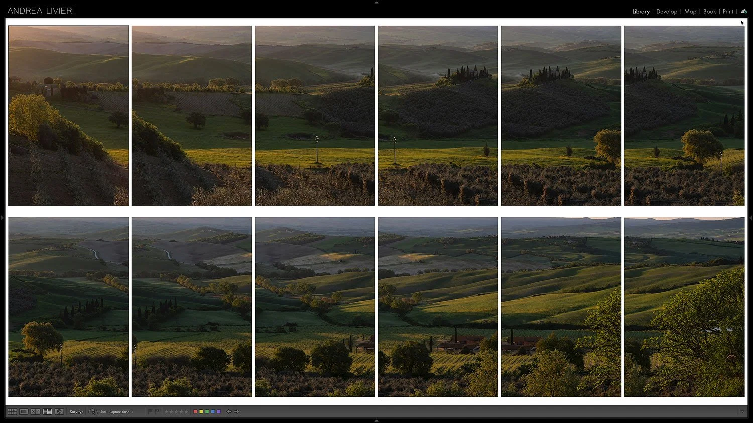 Lightroom survey view of overlapping vertical frames prepared for panorama stitching, captured during golden hour in the rolling hills of Tuscany.