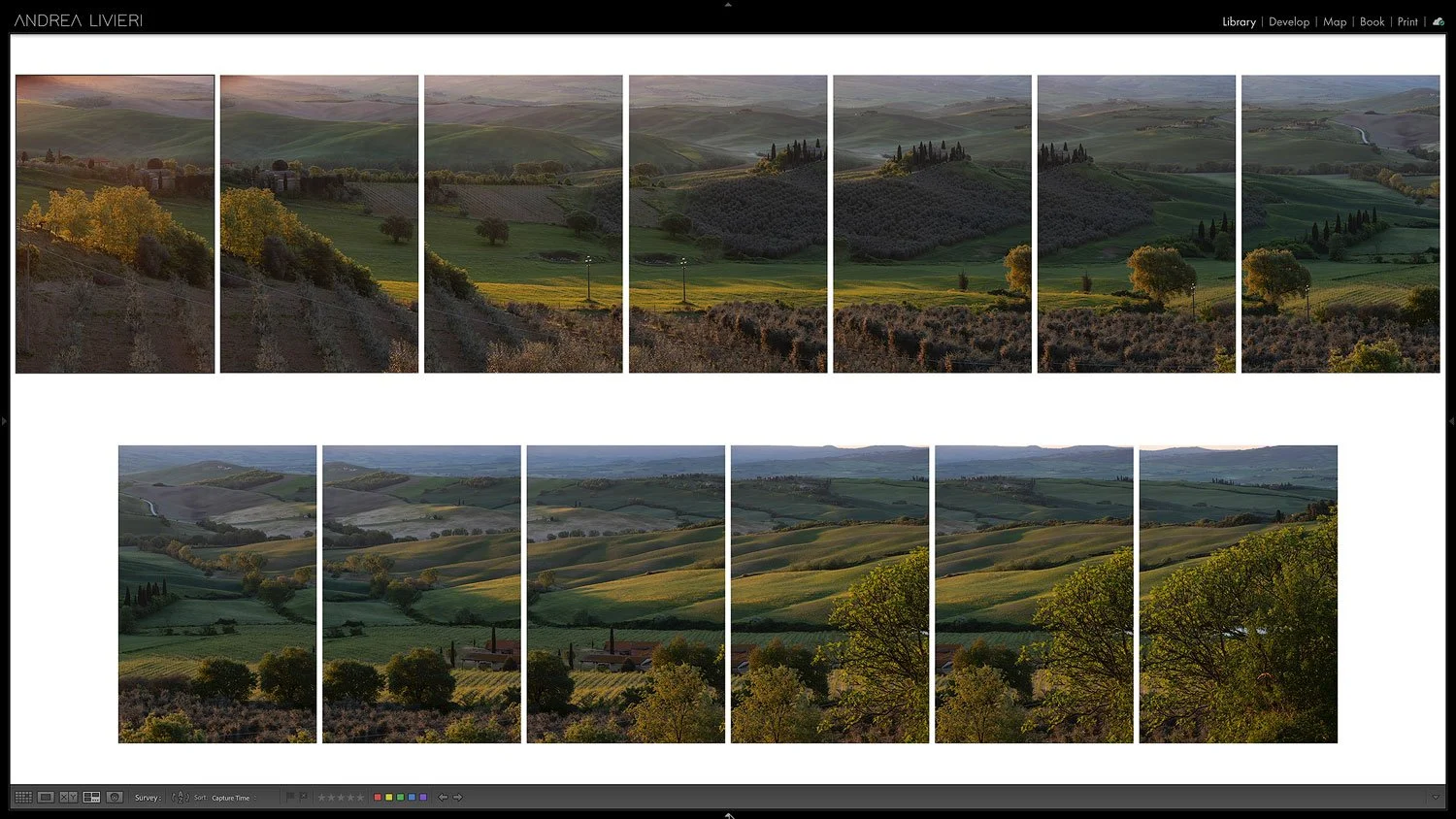 Unstitched panorama series from Val d’Orcia, Tuscany, showing overlapping vertical images captured for a wide sunrise landscape photograph.