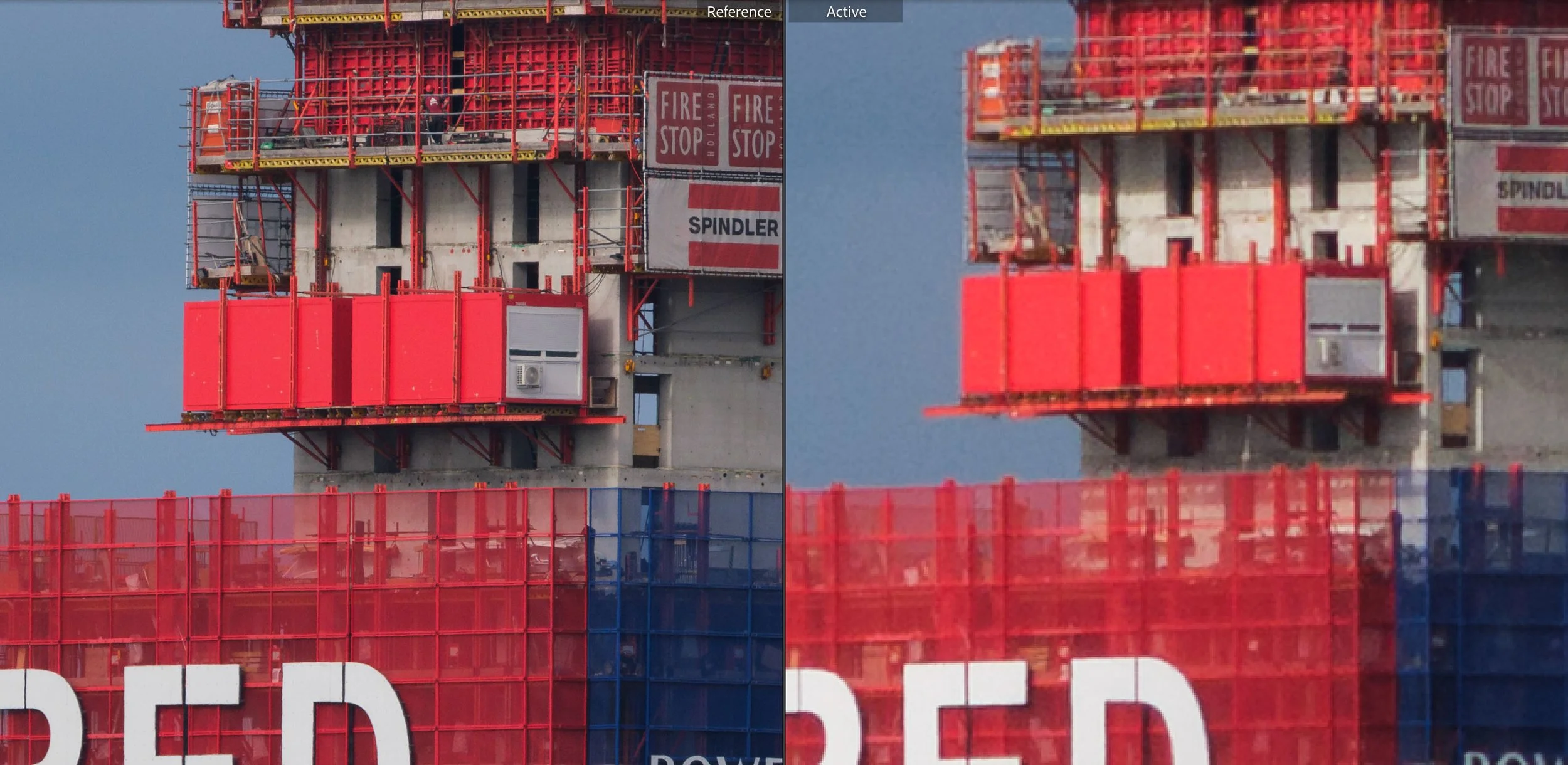 Side-by-side crop comparing a native 400mm photograph at 100% with a 100mm photograph enlarged to 400%.