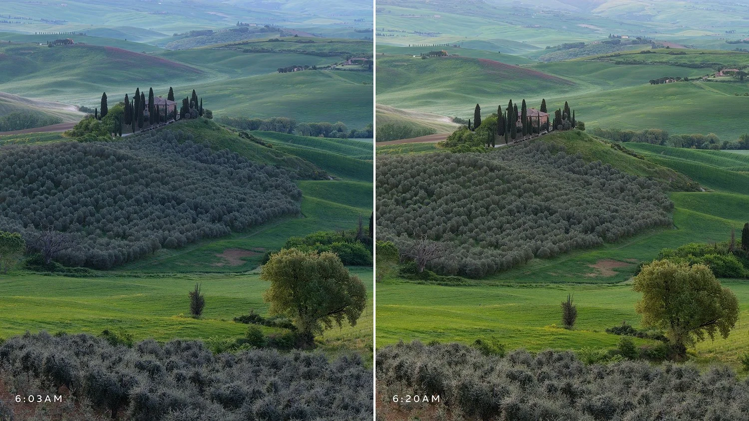 Side-by-side comparison of a Tuscan landscape photographed at 6:03 AM and 6:20 AM, showing the transition from cool pre-sunrise tones to warmer early morning light.