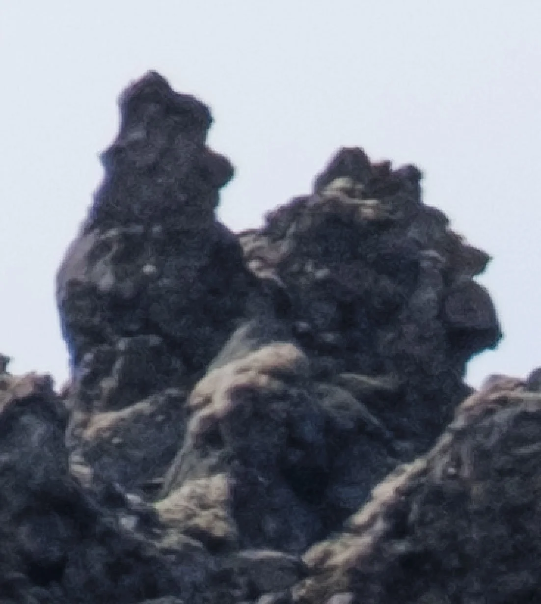 100% crop of dark volcanic rock against a bright sky showing uncorrected chromatic aberration.